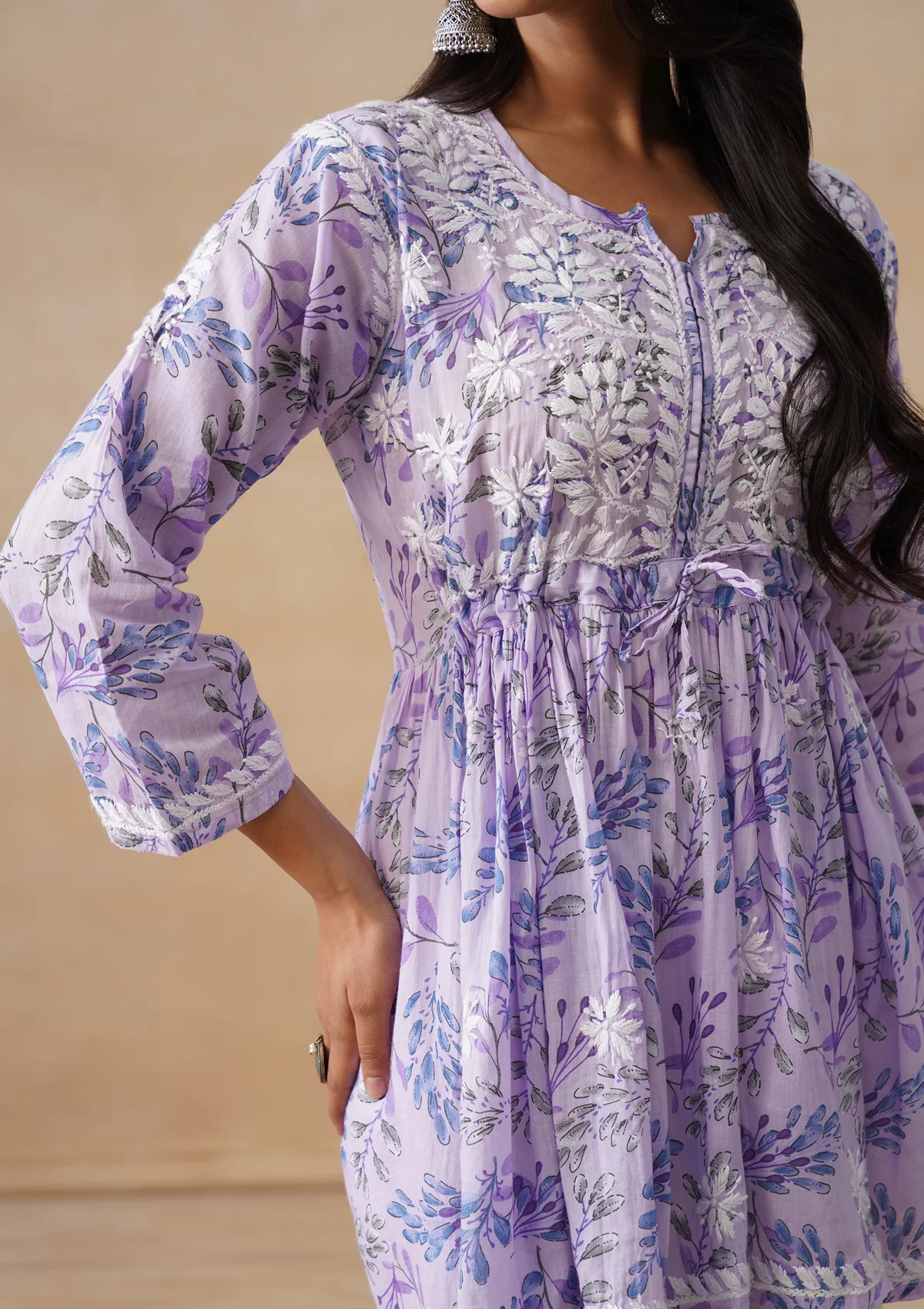 HOC Mulmul Chikankari Printed Women's Short Kurta - Lavender - Image 6