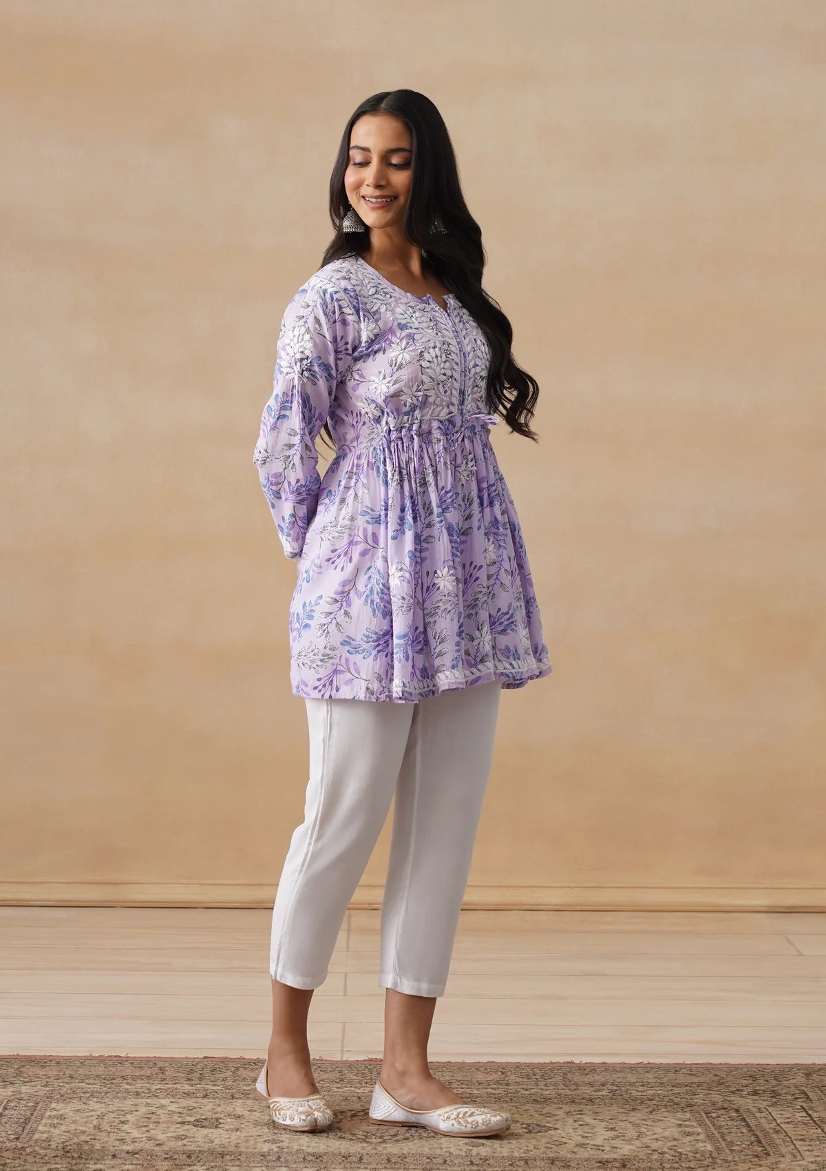 HOC Mulmul Chikankari Printed Women's Short Kurta - Lavender - Image 7