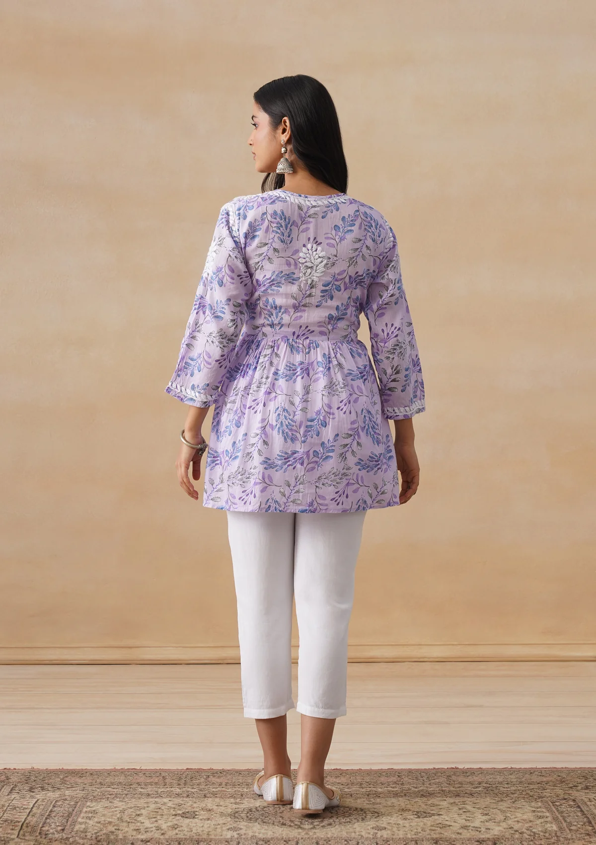 HOC Mulmul Chikankari Printed Women's Short Kurta - Lavender - Image 8