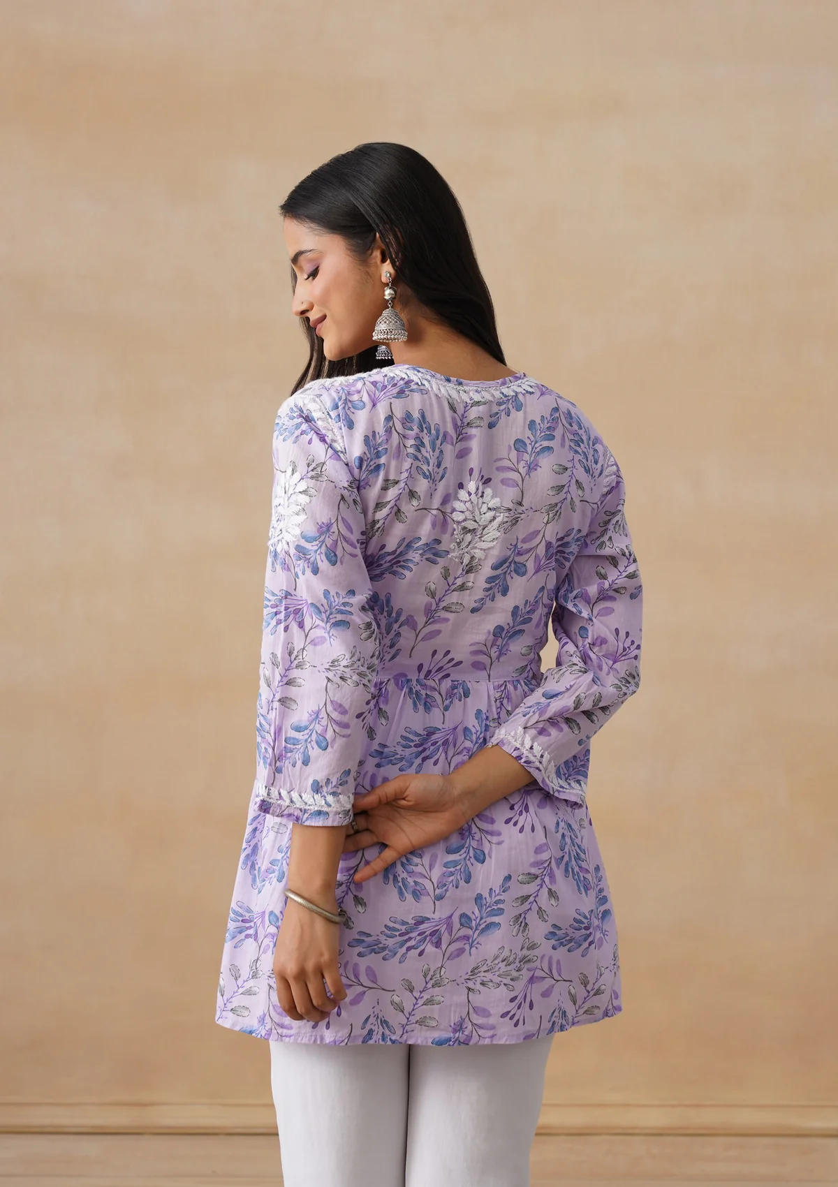 HOC Mulmul Chikankari Printed Women's Short Kurta - Lavender - Image 9