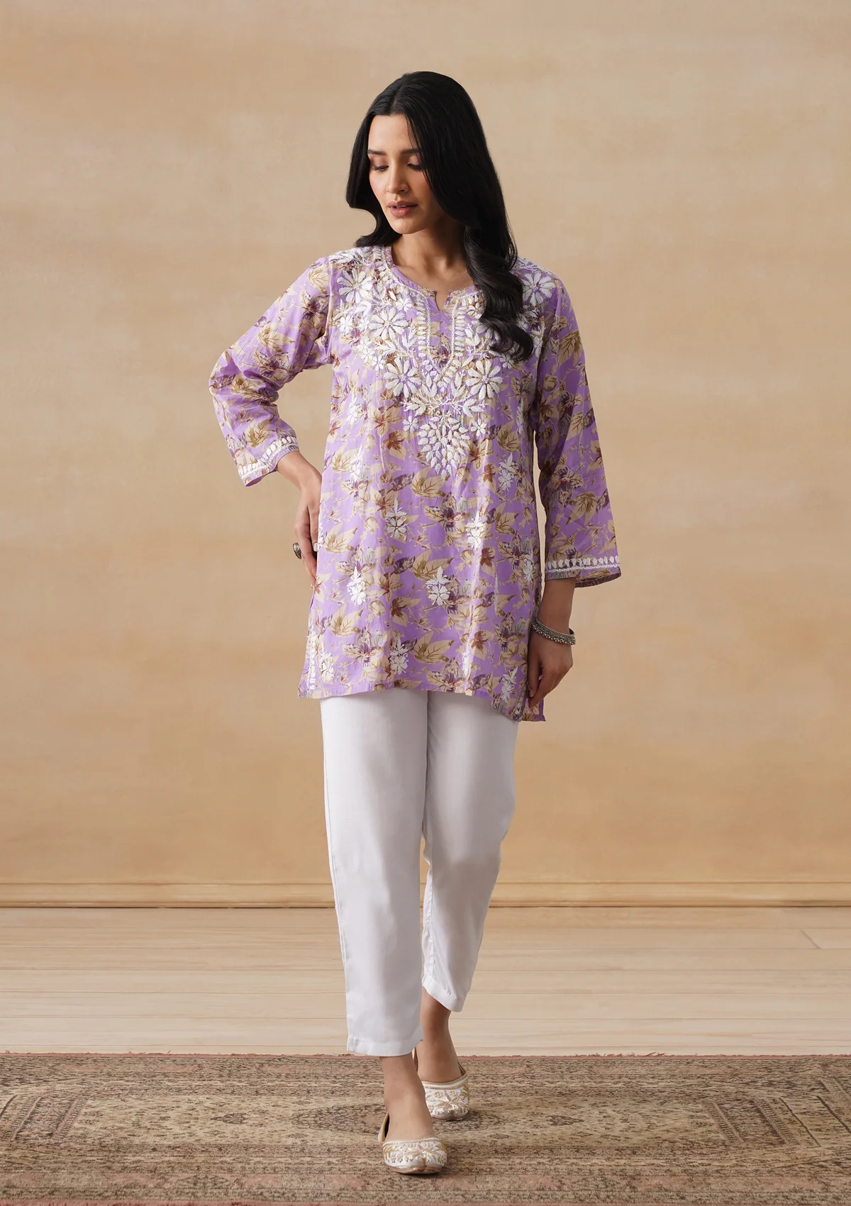 HOC Mulmul Chikankari Printed Women's Short Kurta - Lavender - Image 2