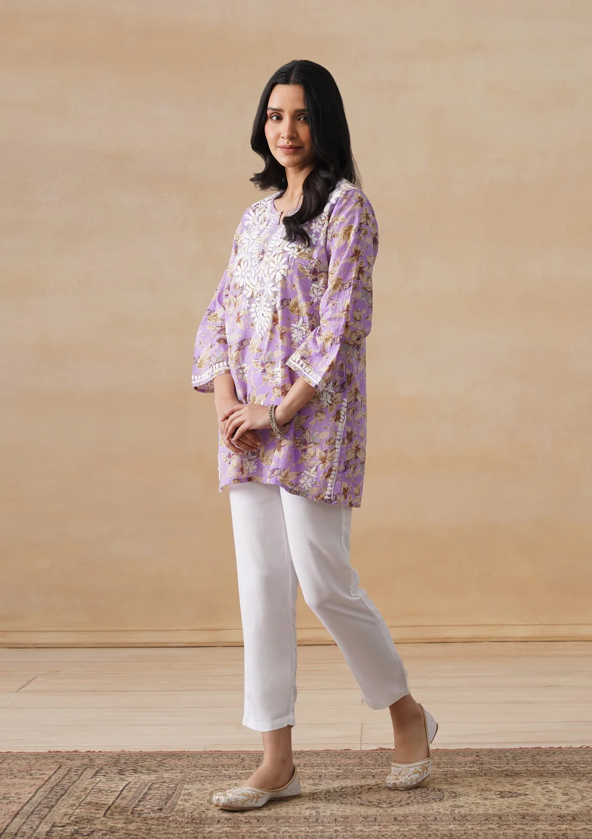 HOC Mulmul Chikankari Printed Women's Short Kurta - Lavender - Image 3