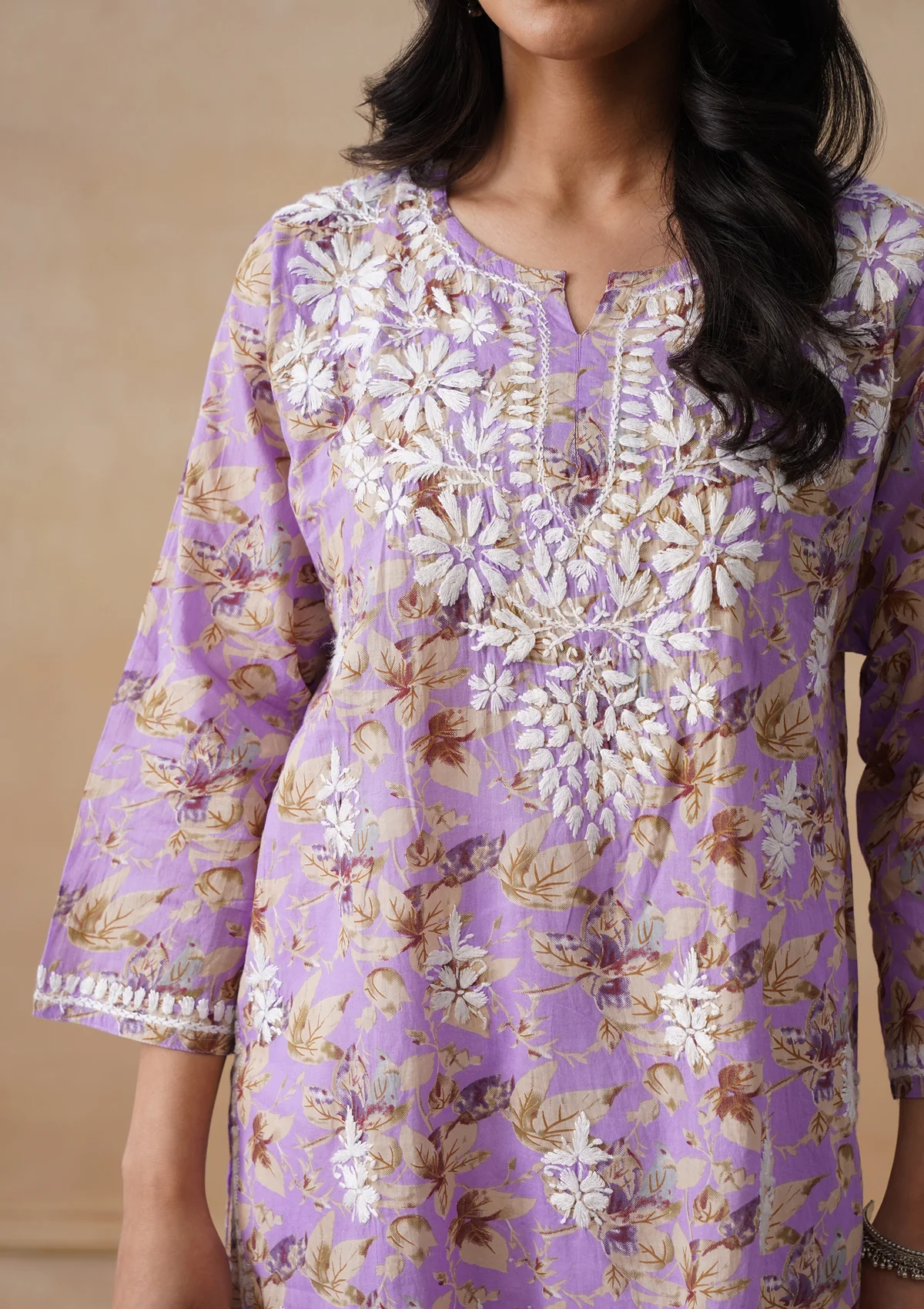 HOC Mulmul Chikankari Printed Women's Short Kurta - Lavender - Image 4