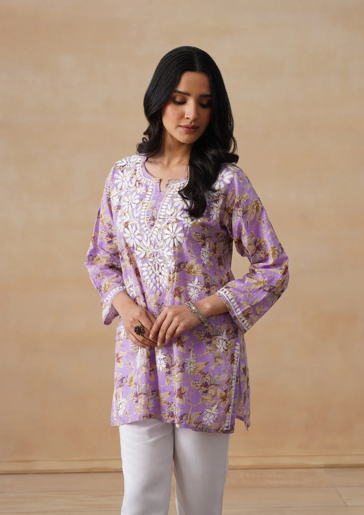 HOC Mulmul Chikankari Printed Women's Short Kurta - Lavender - Image 6