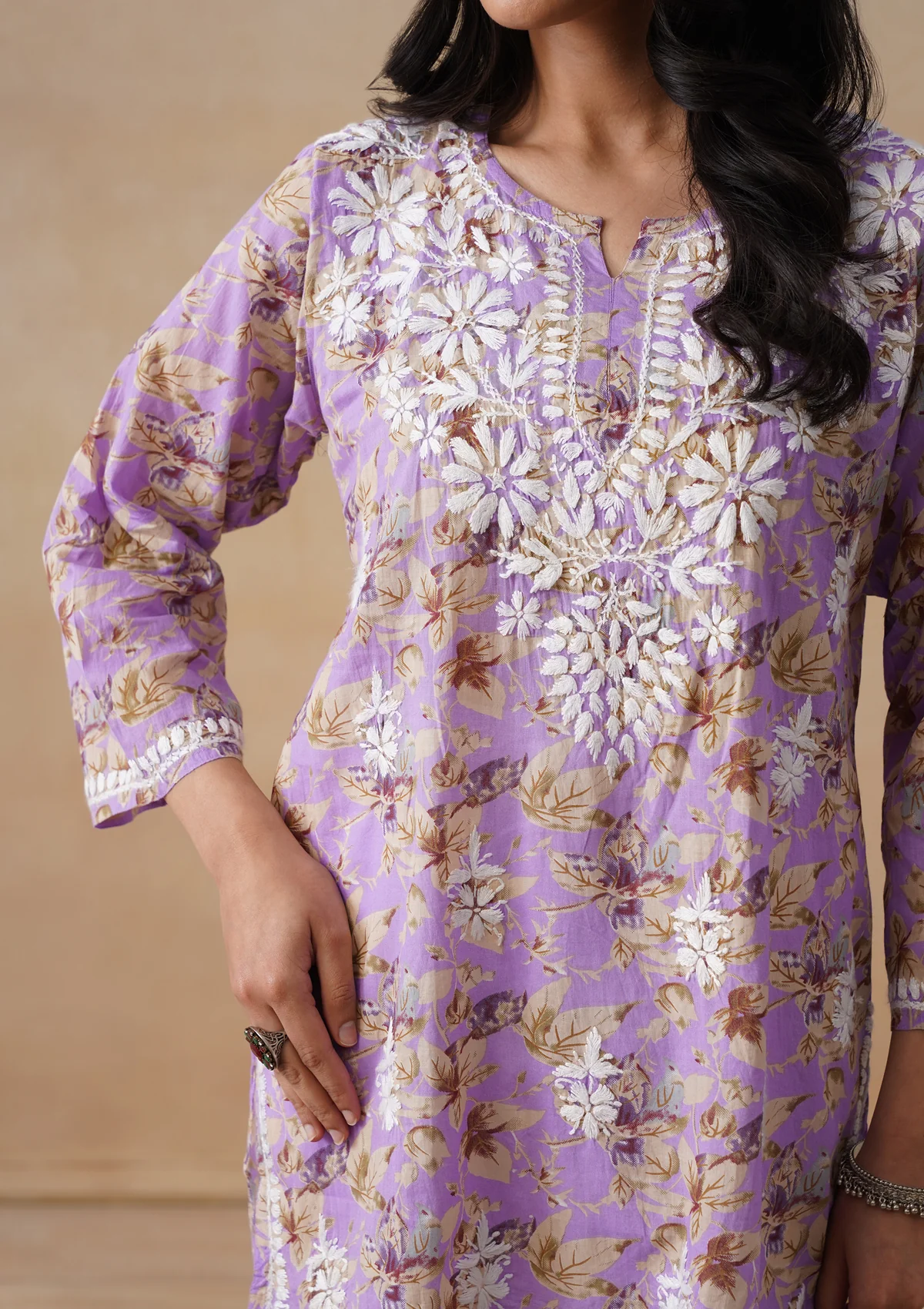 HOC Mulmul Chikankari Printed Women's Short Kurta - Lavender - Image 7