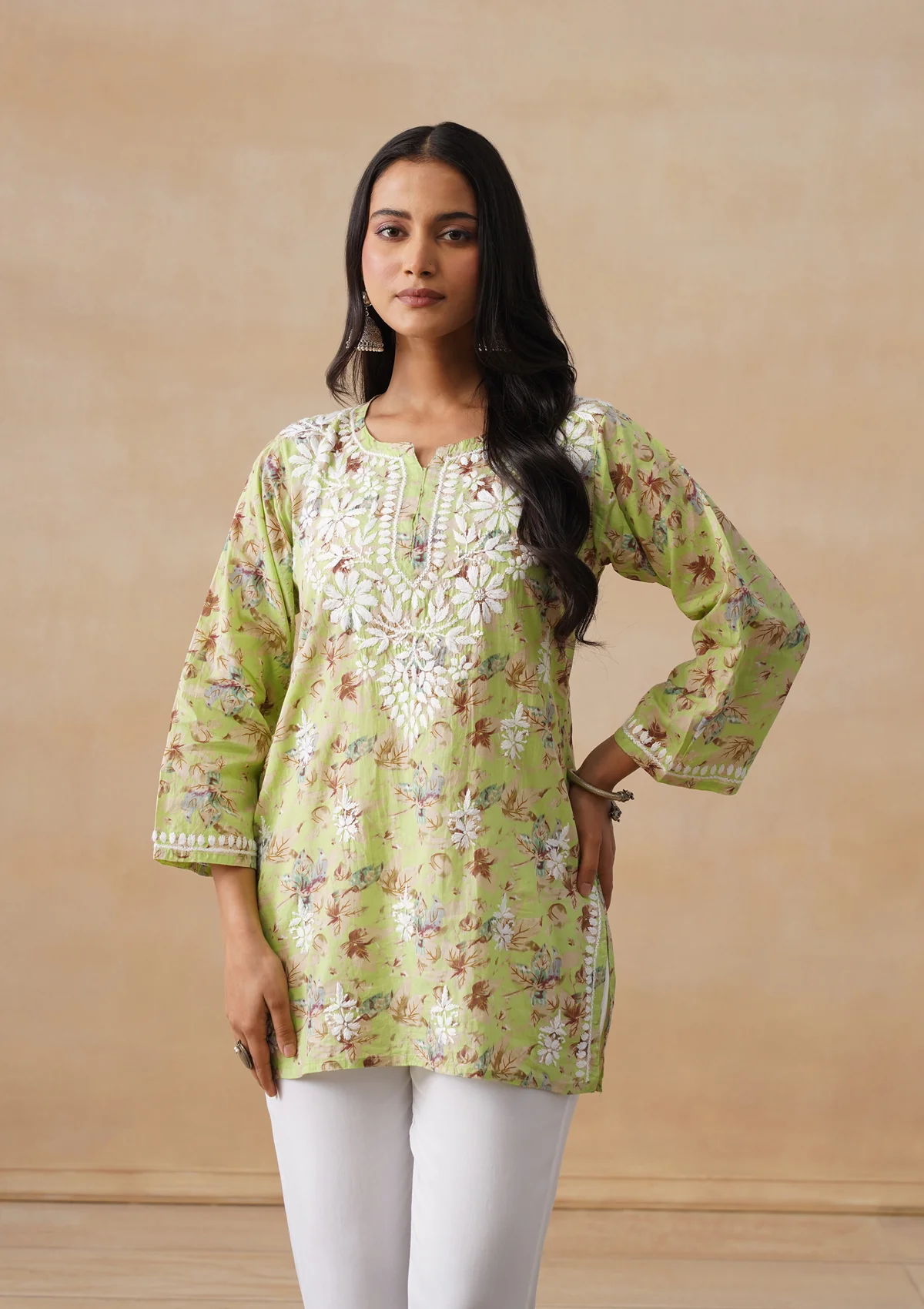 HOC Mulmul Chikankari Printed Women's Short Kurta - Light green