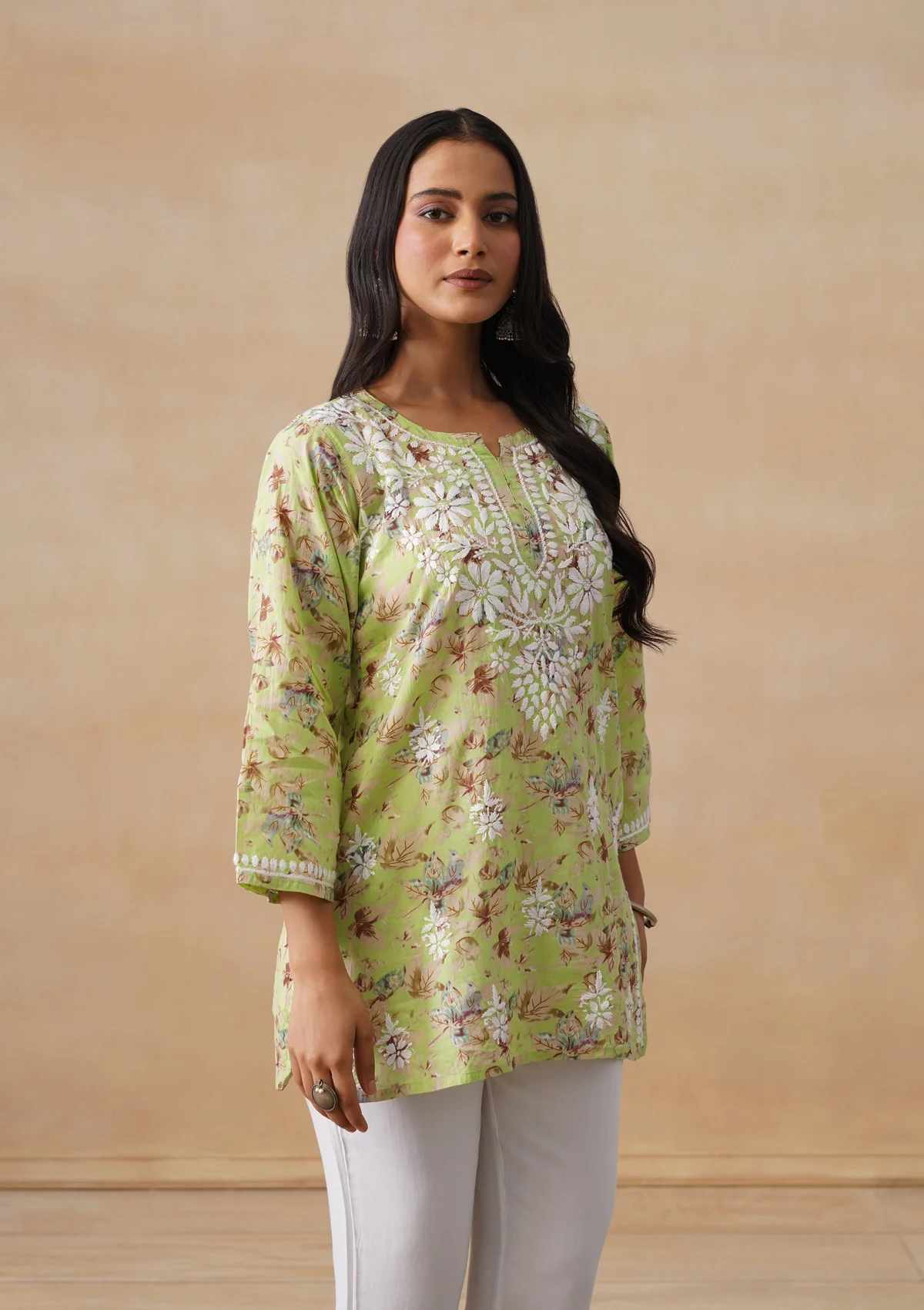HOC Mulmul Chikankari Printed Women's Short Kurta - Light green - Image 2