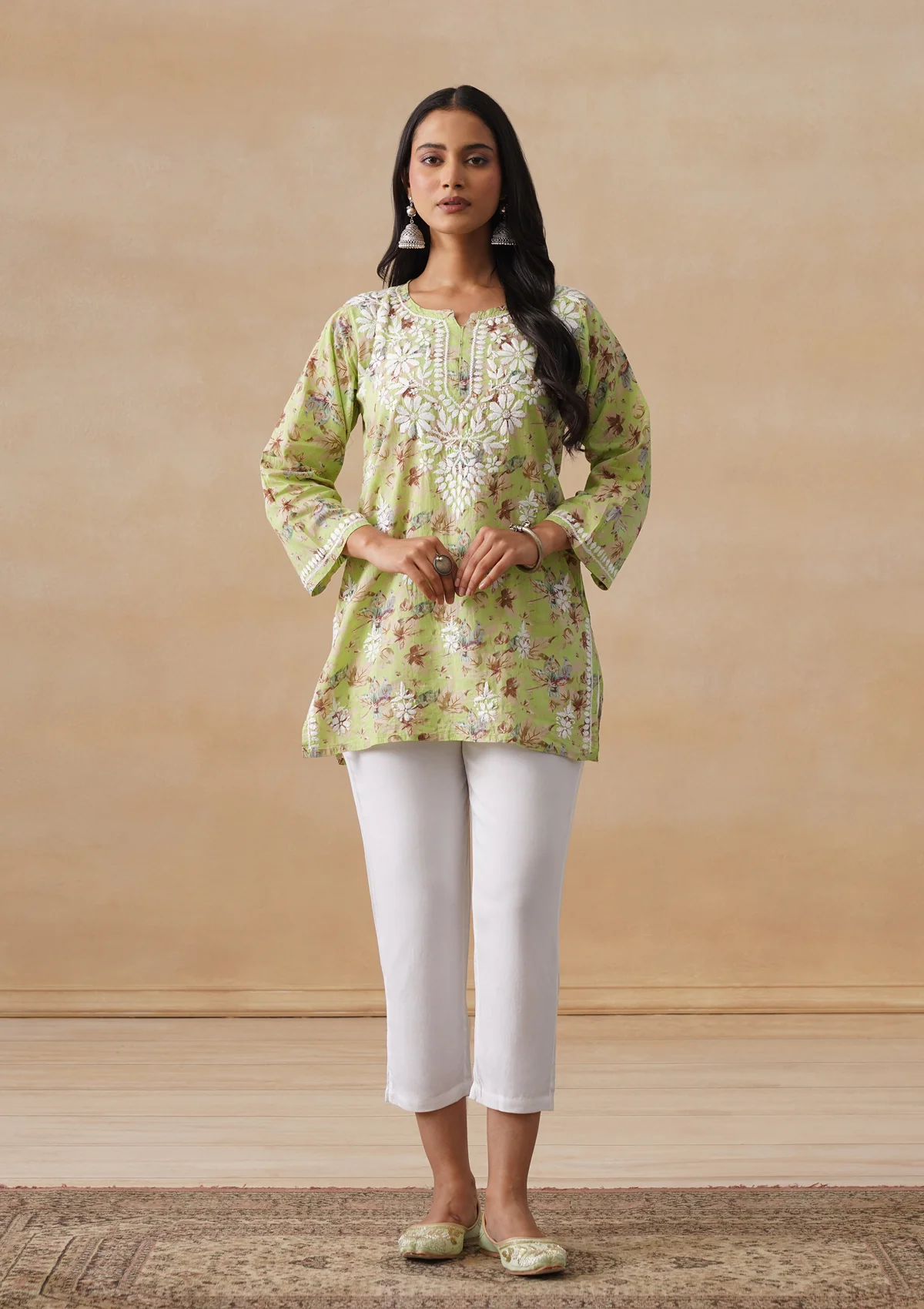 HOC Mulmul Chikankari Printed Women's Short Kurta - Light green - Image 3