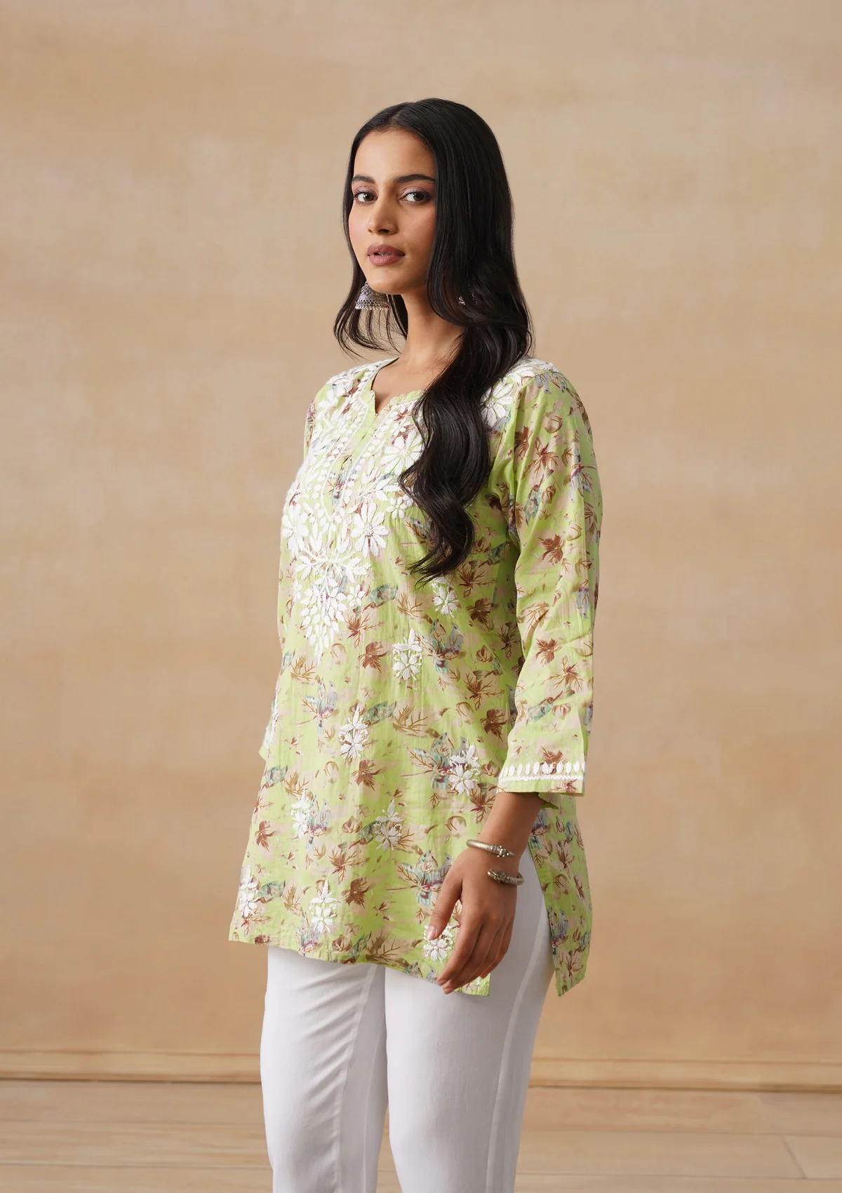 HOC Mulmul Chikankari Printed Women's Short Kurta - Light green - Image 4