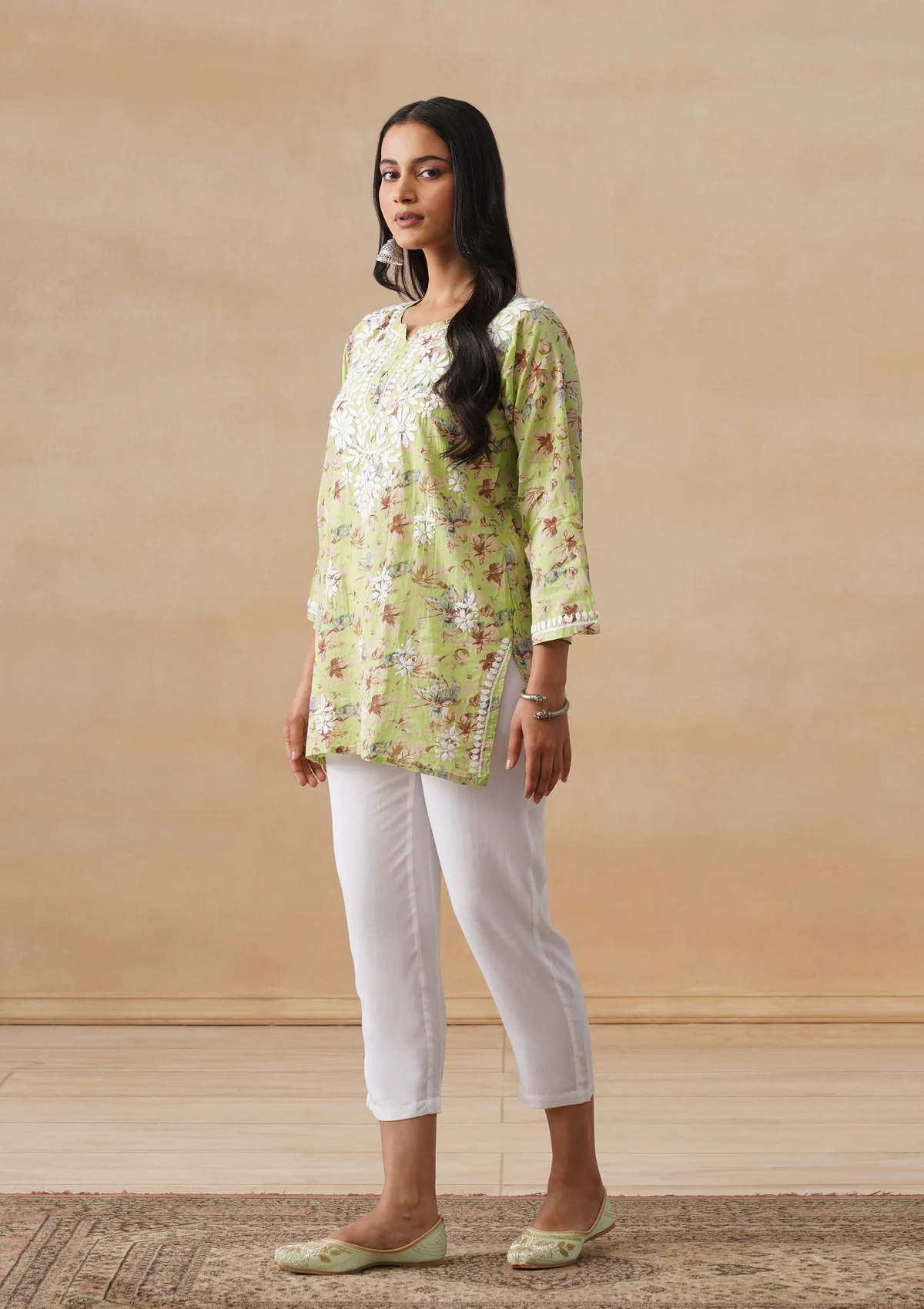 HOC Mulmul Chikankari Printed Women's Short Kurta - Light green - Image 5