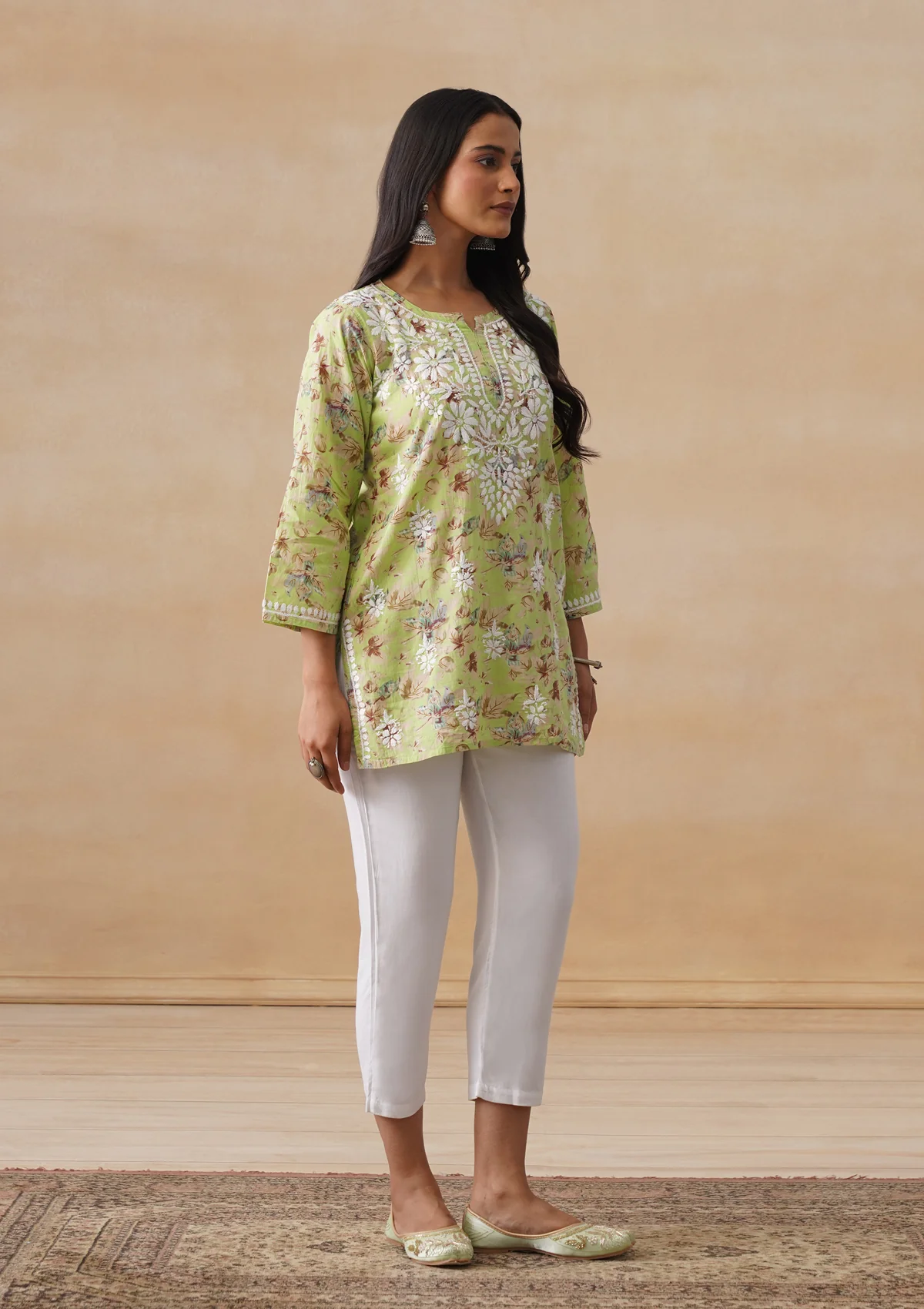 HOC Mulmul Chikankari Printed Women's Short Kurta - Light green - Image 6