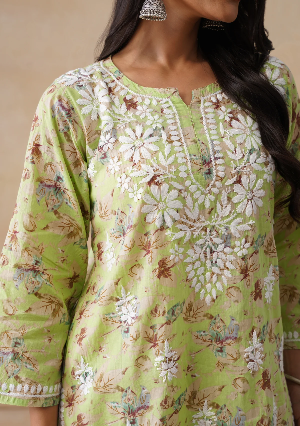 HOC Mulmul Chikankari Printed Women's Short Kurta - Light green - Image 7
