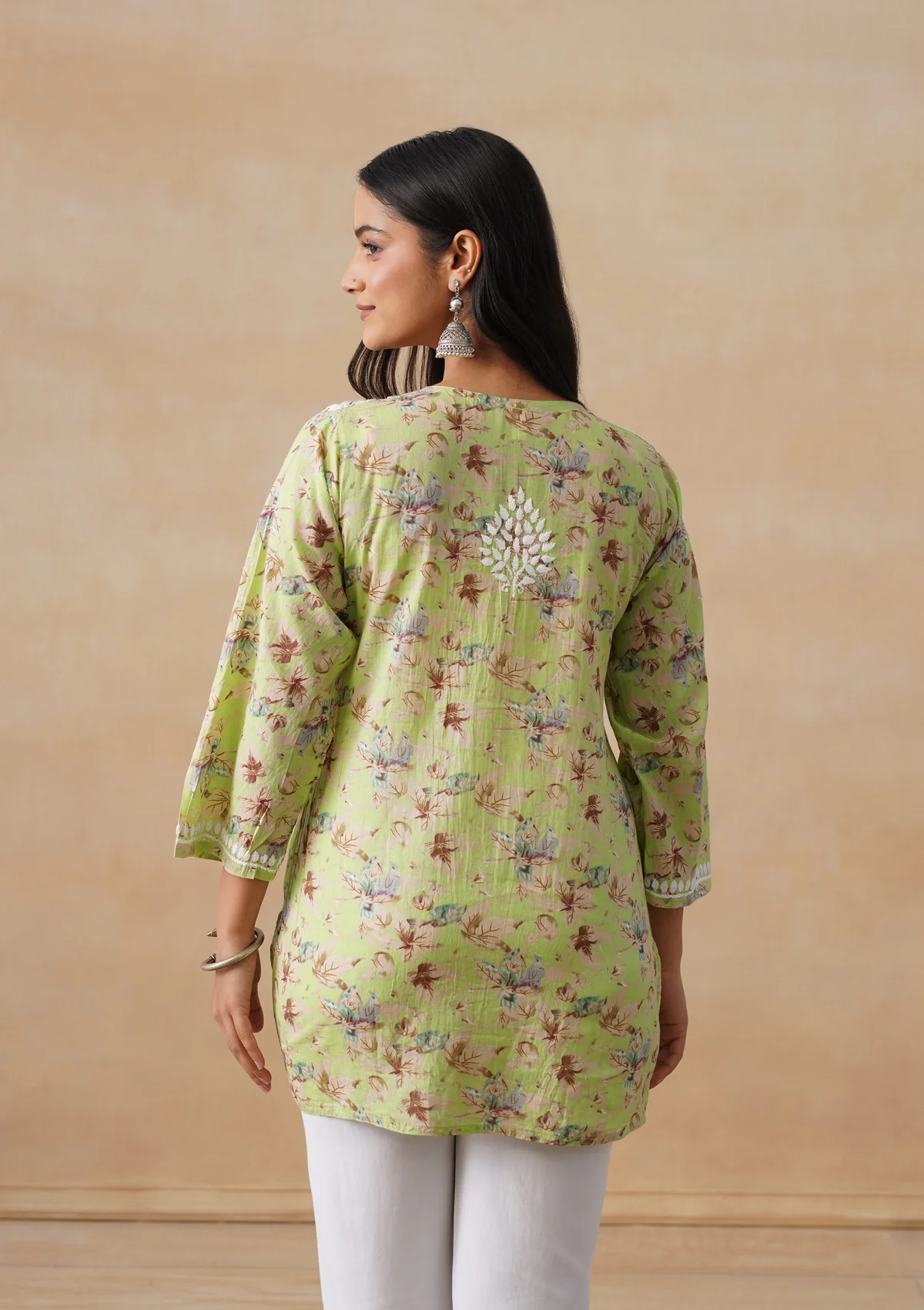 HOC Mulmul Chikankari Printed Women's Short Kurta - Light green - Image 8