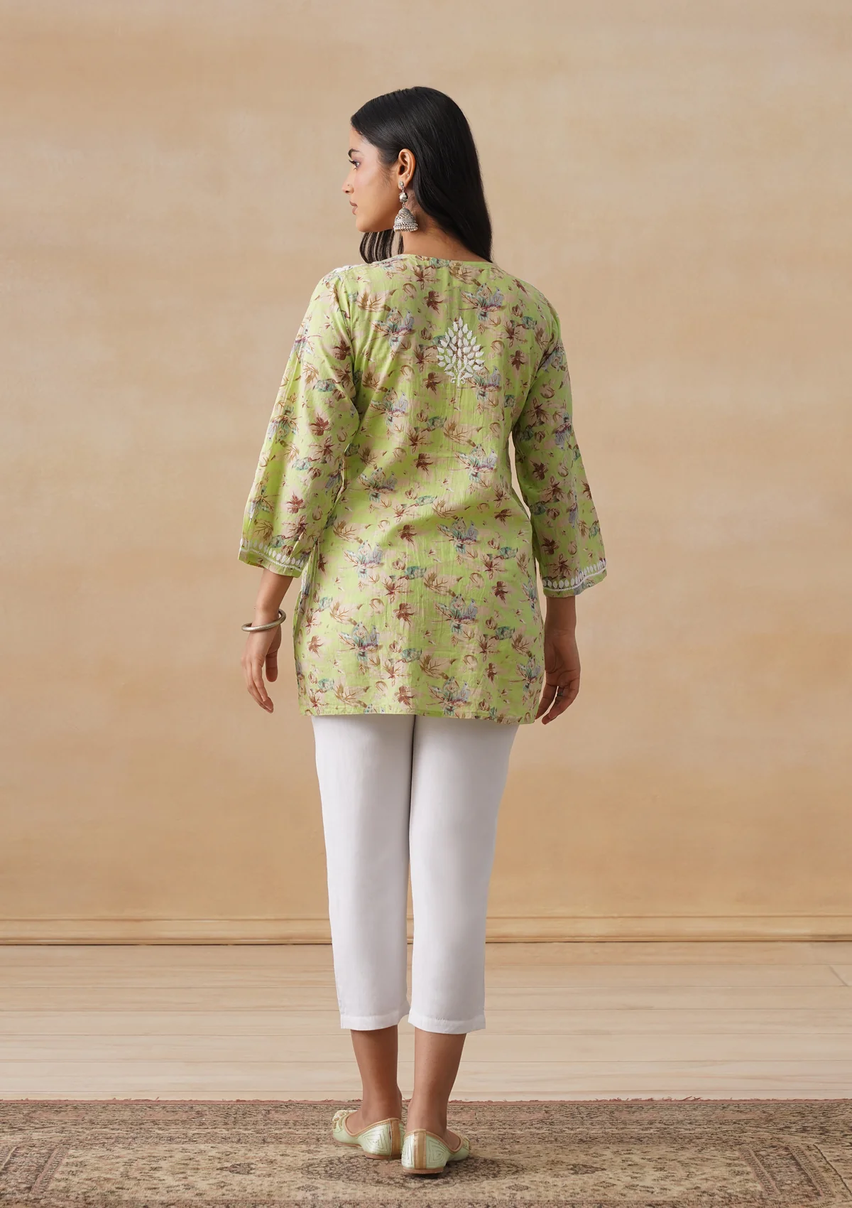 HOC Mulmul Chikankari Printed Women's Short Kurta - Light green - Image 9