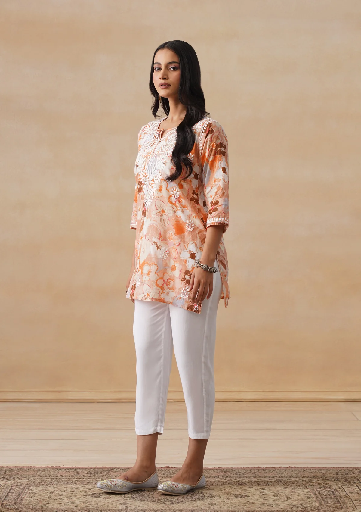 HOC Mulmul Chikankari Printed Women's Short Kurta - Orange - Image 5