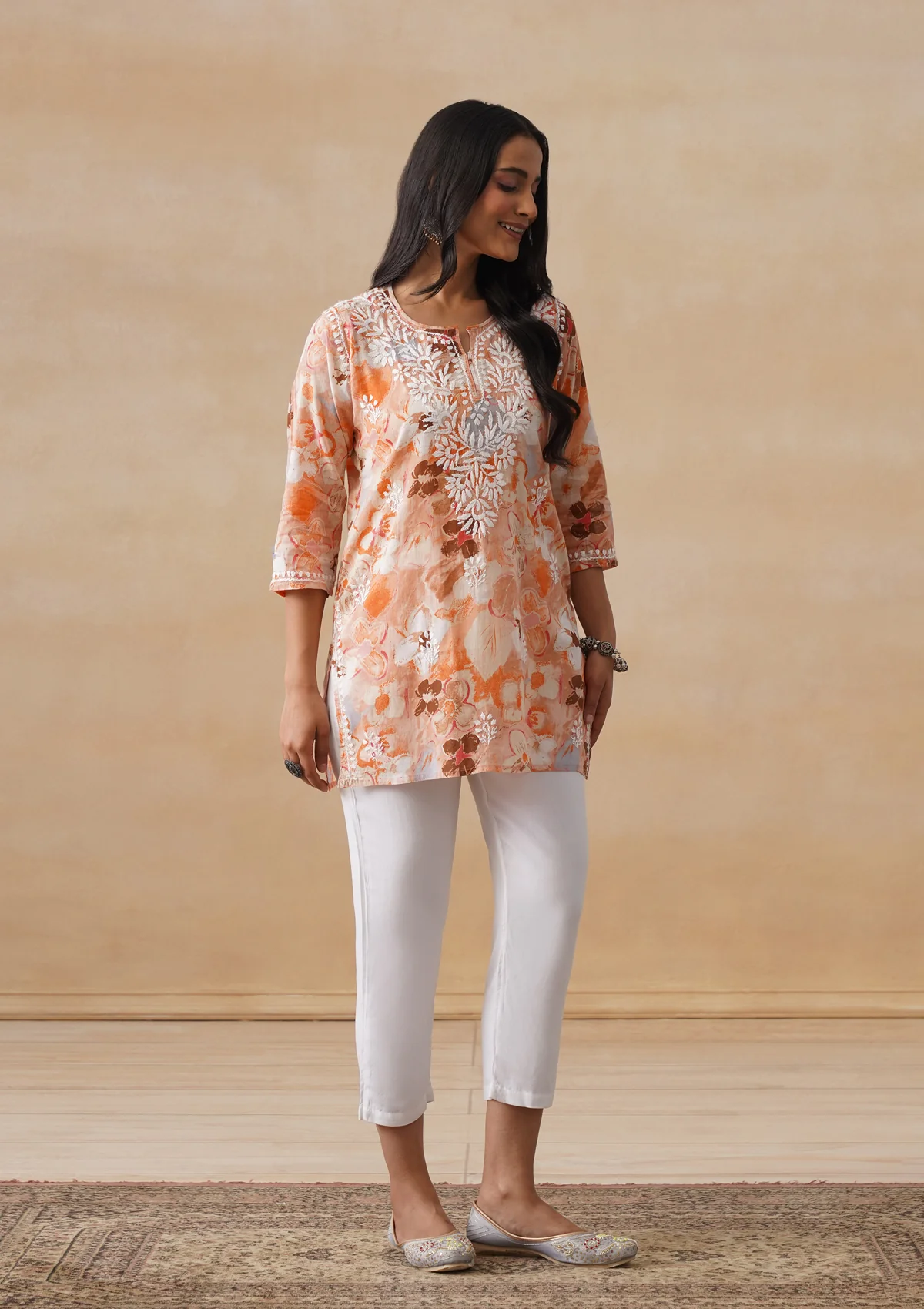 HOC Mulmul Chikankari Printed Women's Short Kurta - Orange - Image 7