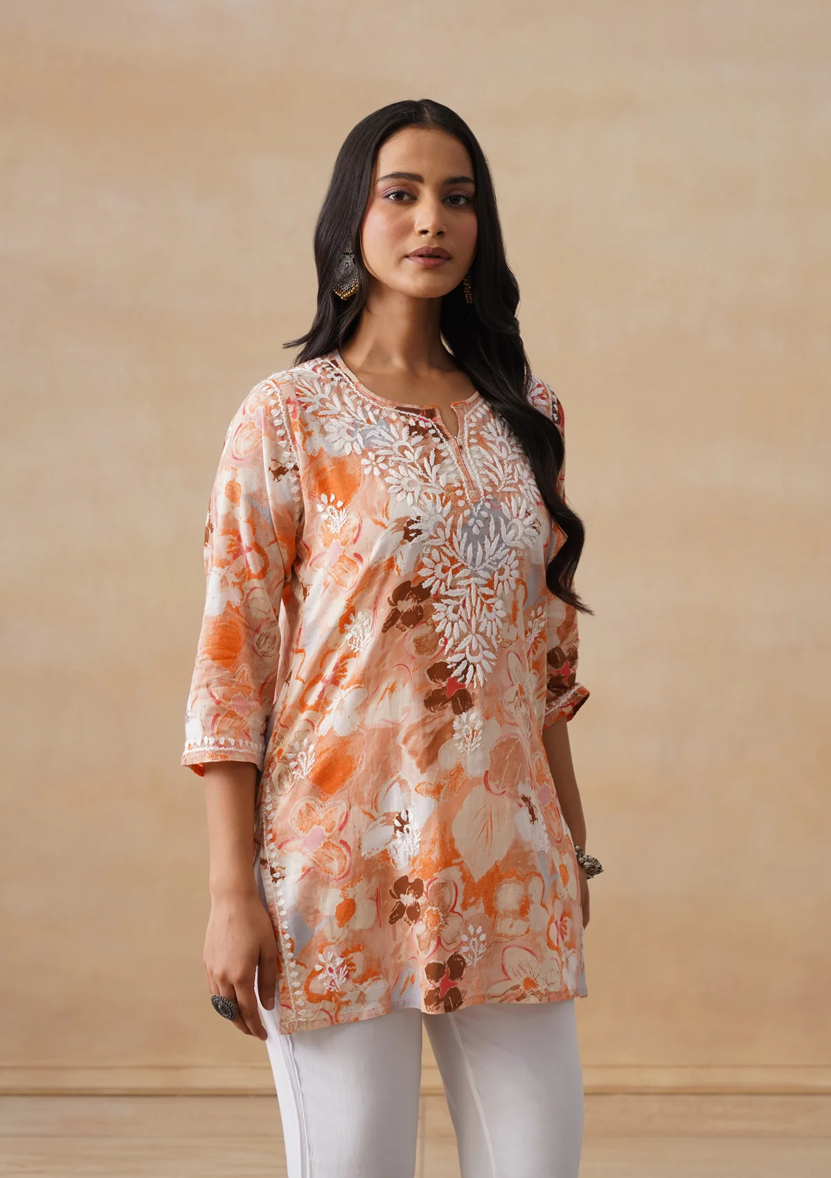 HOC Mulmul Chikankari Printed Women's Short Kurta - Orange - Image 8