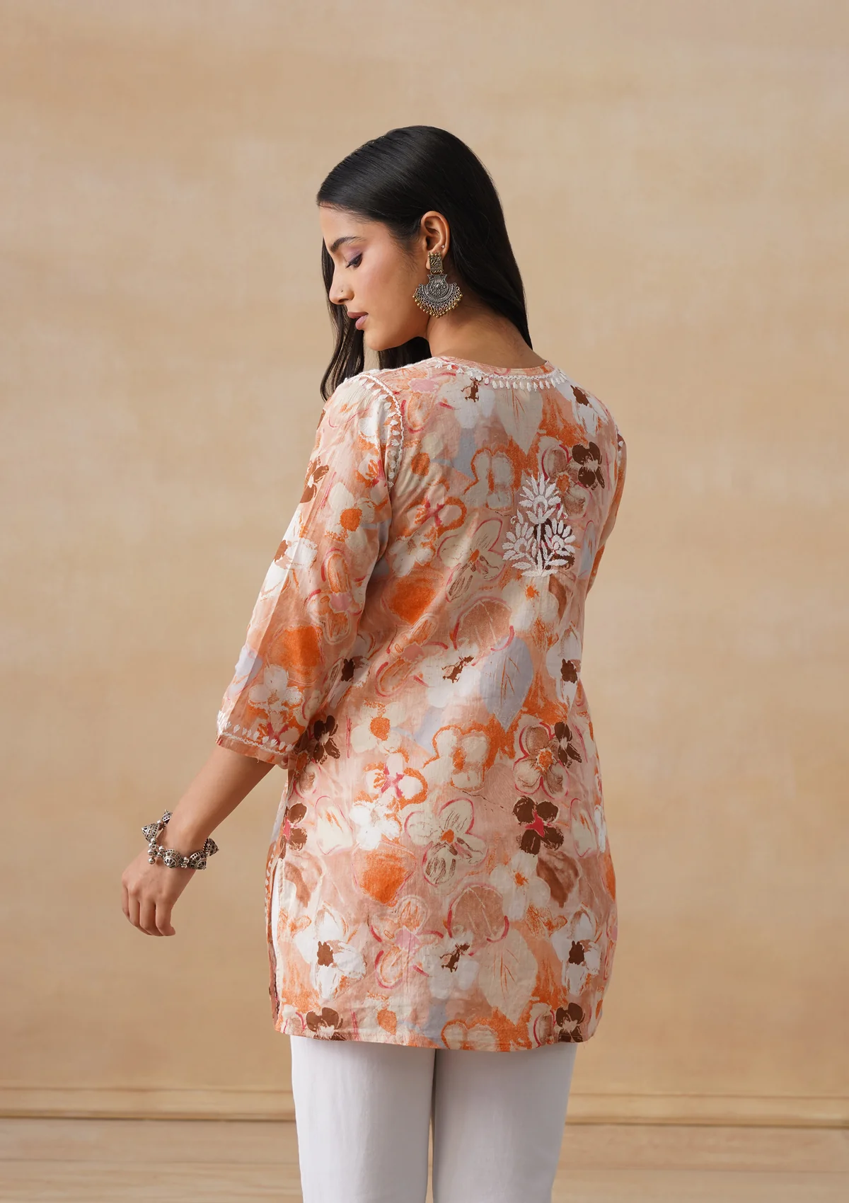 HOC Mulmul Chikankari Printed Women's Short Kurta - Orange - Image 9
