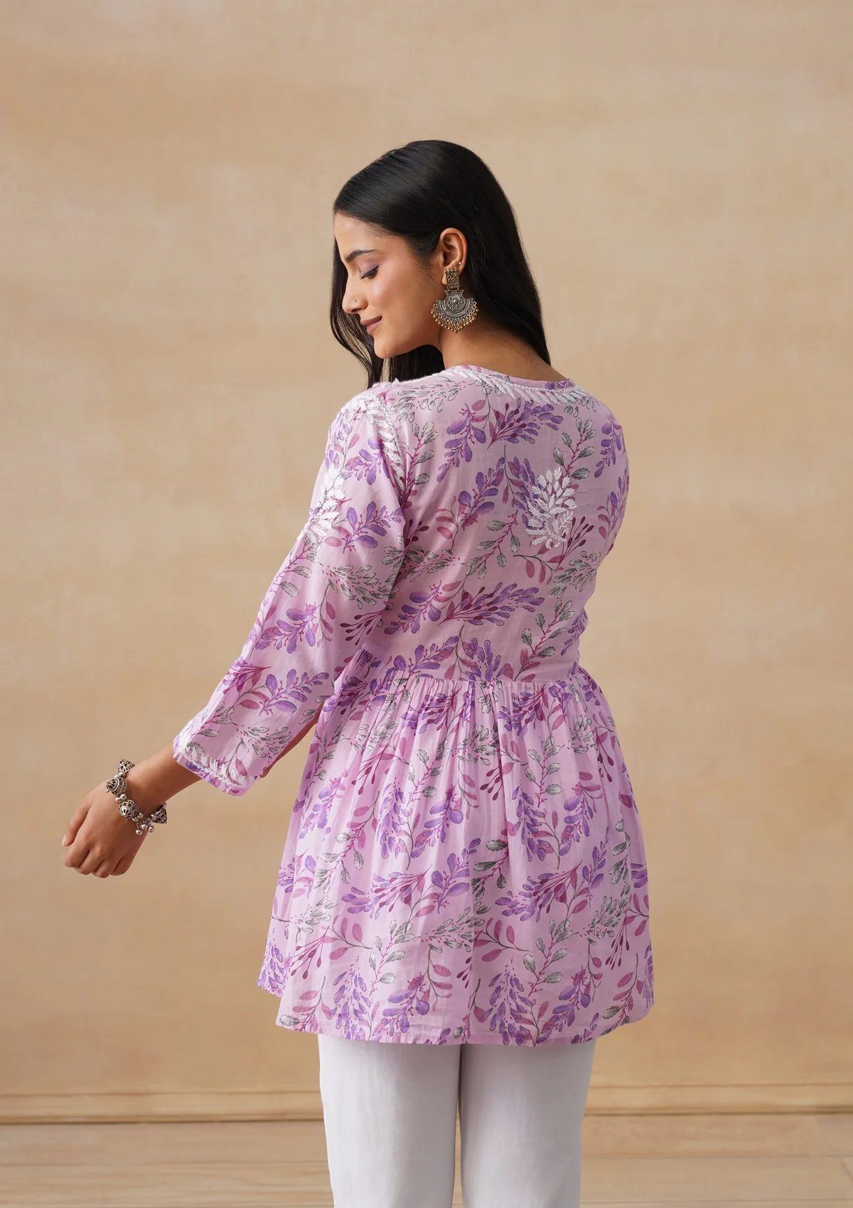 HOC Mulmul Chikankari Printed Women's Short Kurta - Pink - Image 9