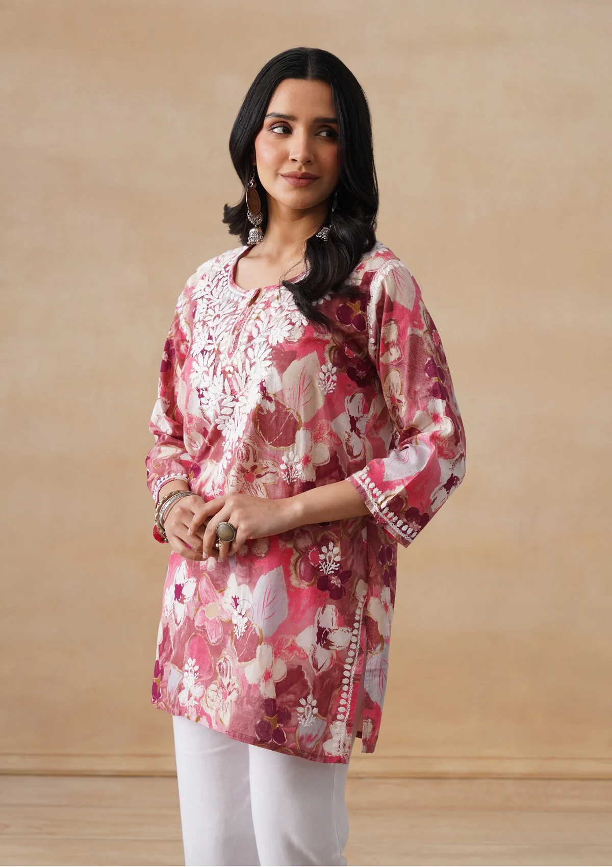 HOC Mulmul Chikankari Printed Women's Short Kurta - Pink - Image 2
