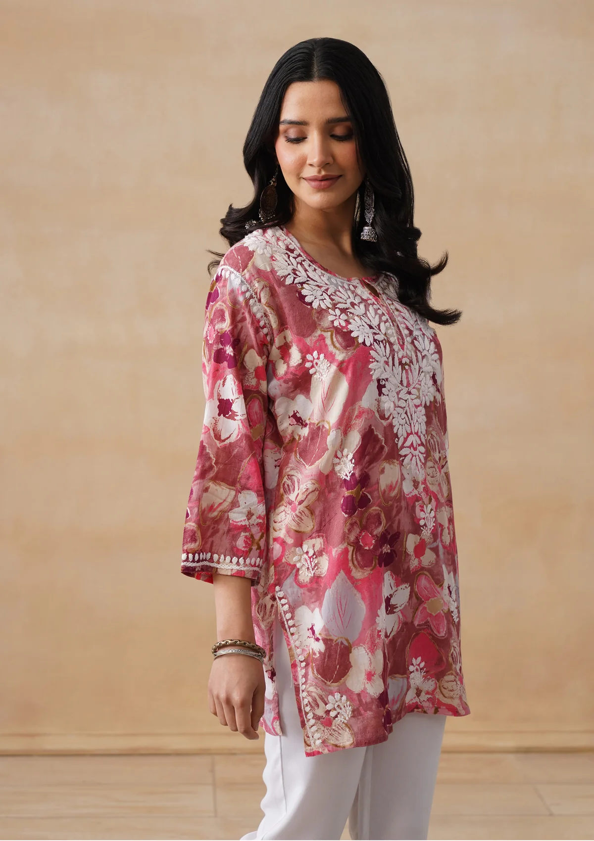 HOC Mulmul Chikankari Printed Women's Short Kurta - Pink - Image 4