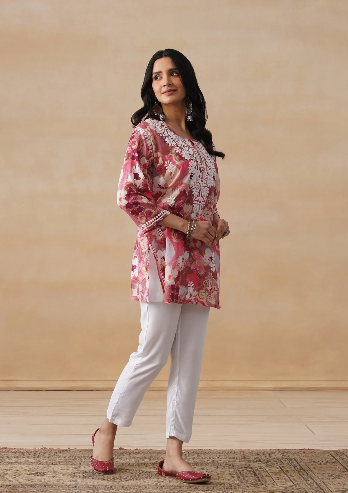 HOC Mulmul Chikankari Printed Women's Short Kurta - Pink - Image 7
