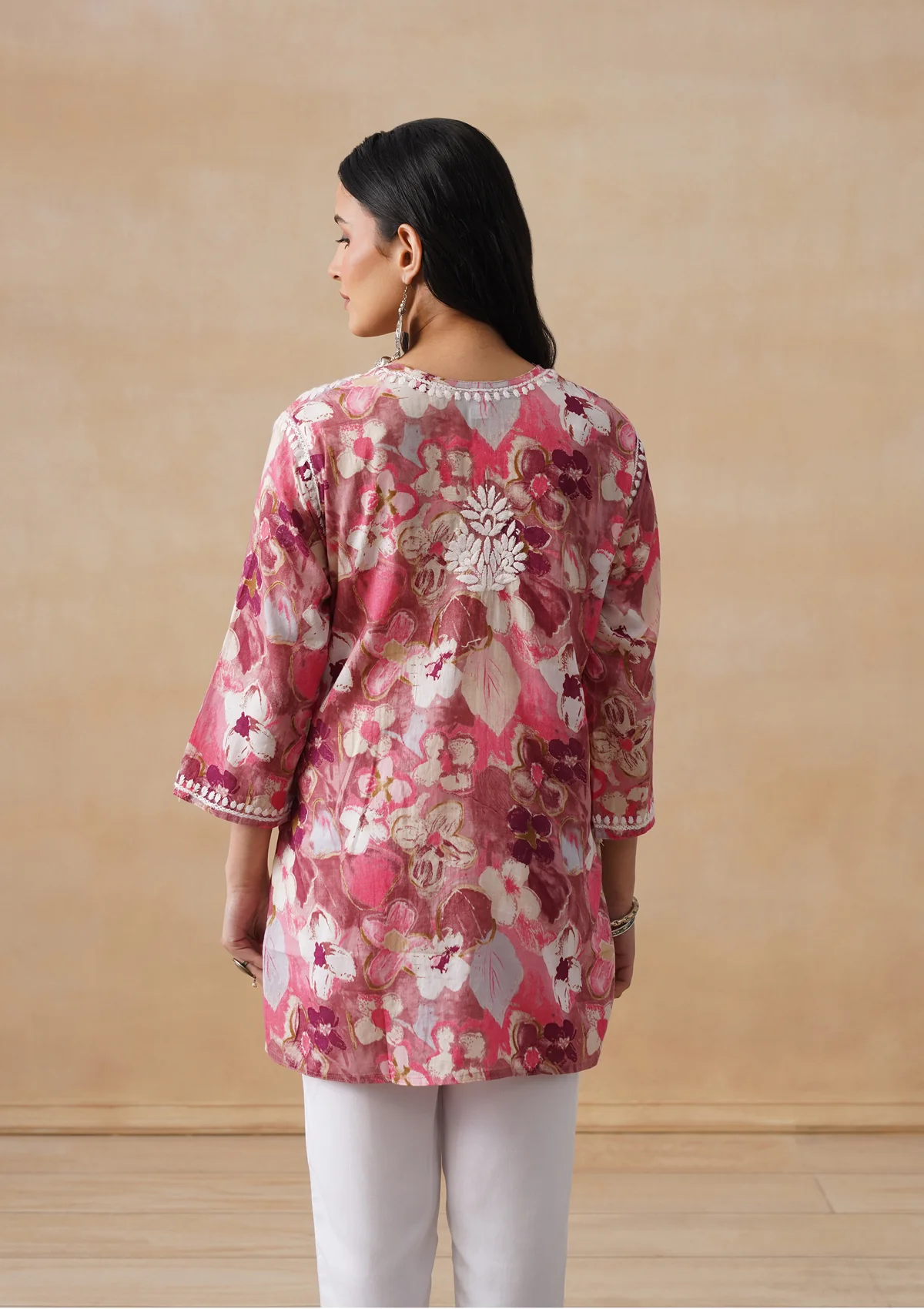 HOC Mulmul Chikankari Printed Women's Short Kurta - Pink - Image 8