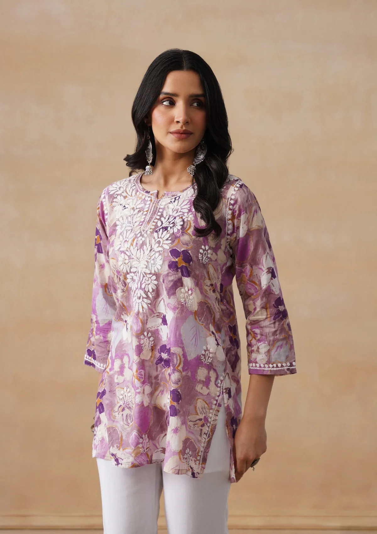 HOC Mulmul Chikankari Printed Women's Short Kurta - Purple - Image 2