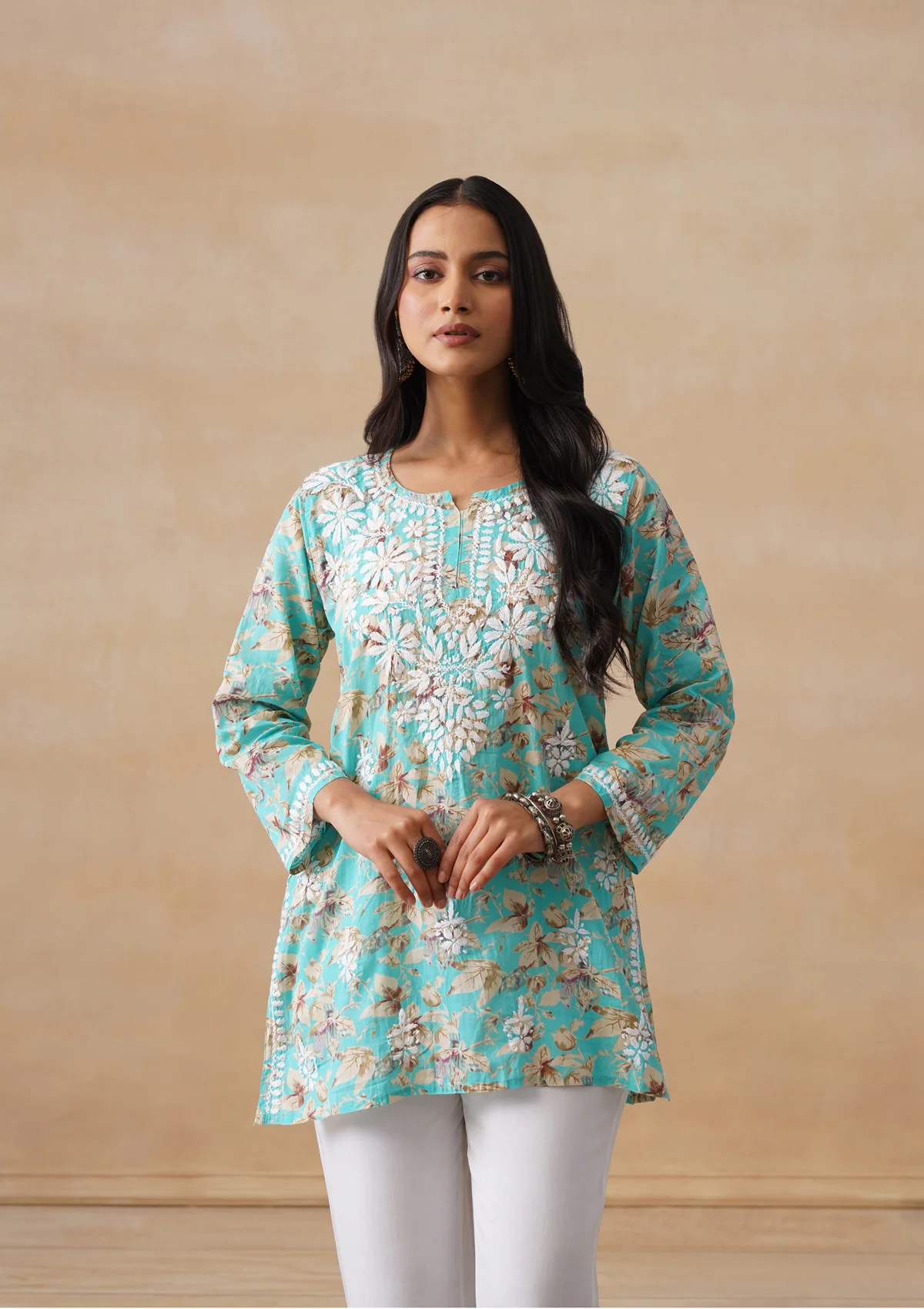 HOC Mulmul Chikankari Printed Women's Short Kurta - Turquoise