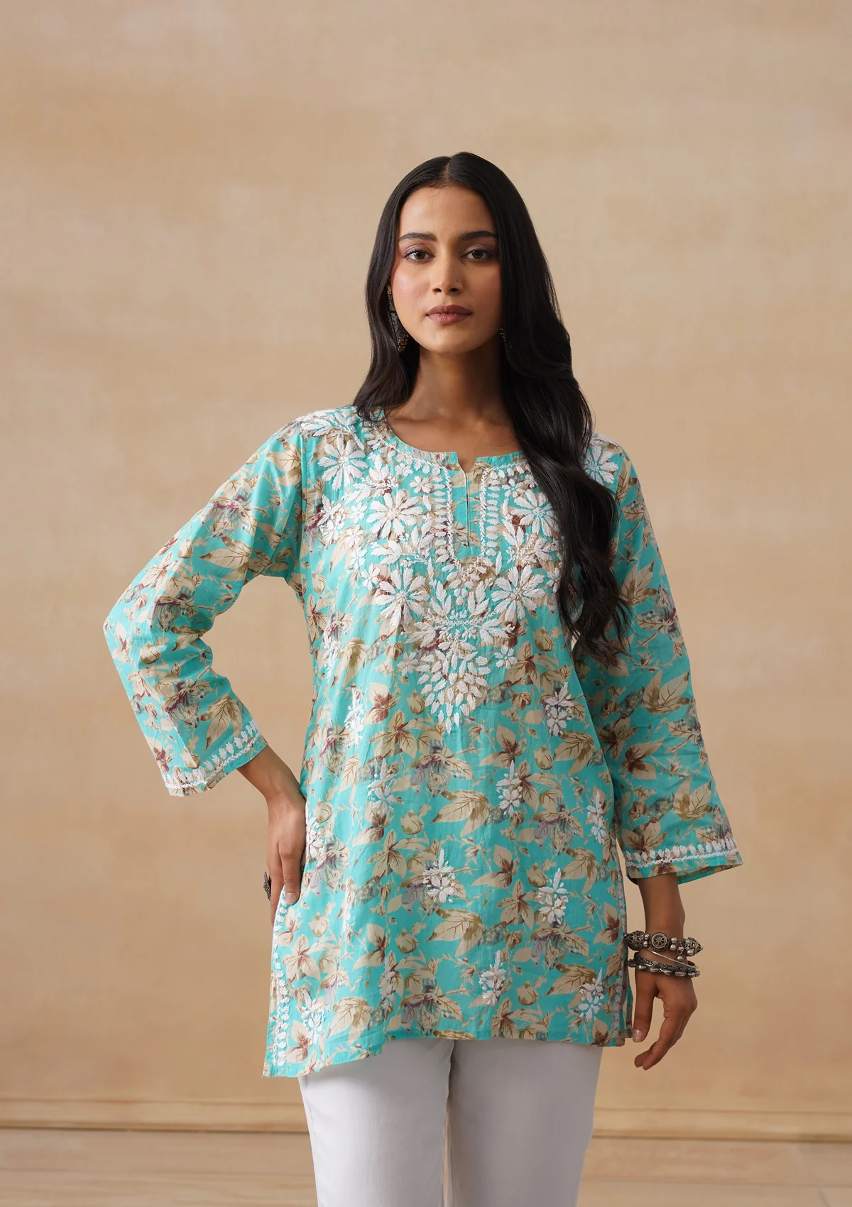 HOC Mulmul Chikankari Printed Women's Short Kurta - Turquoise - Image 2