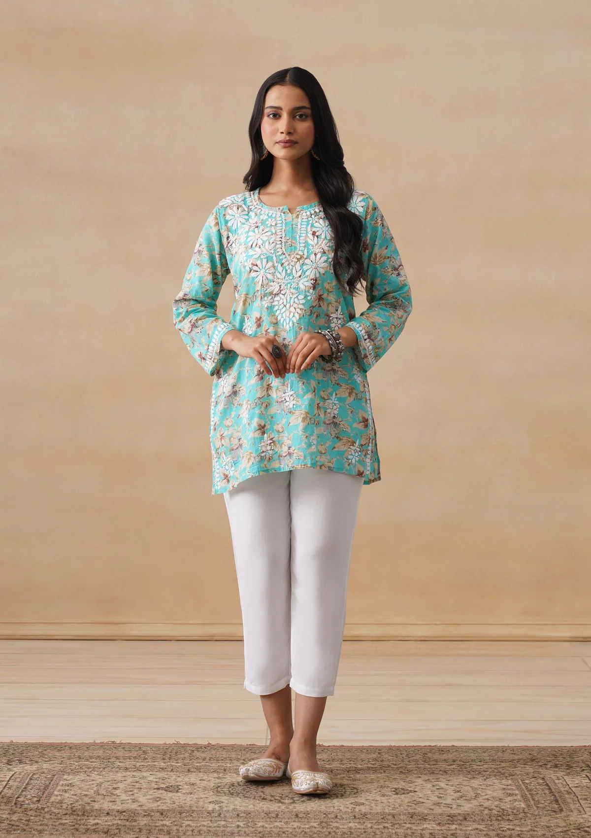 HOC Mulmul Chikankari Printed Women's Short Kurta - Turquoise - Image 3