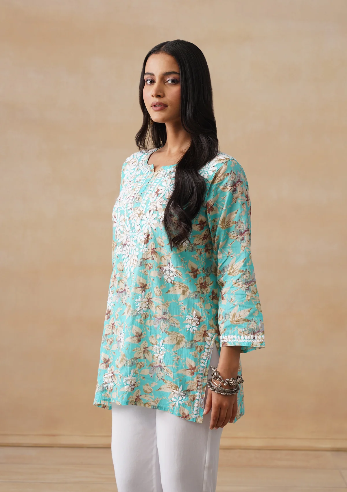 HOC Mulmul Chikankari Printed Women's Short Kurta - Turquoise - Image 4