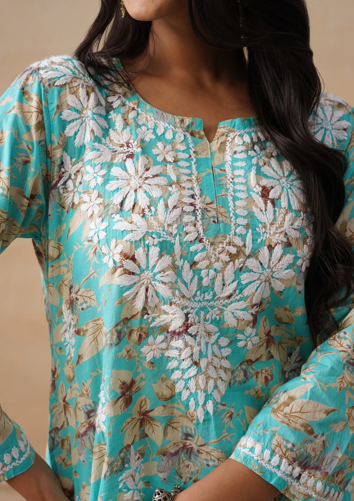 HOC Mulmul Chikankari Printed Women's Short Kurta - Turquoise - Image 6