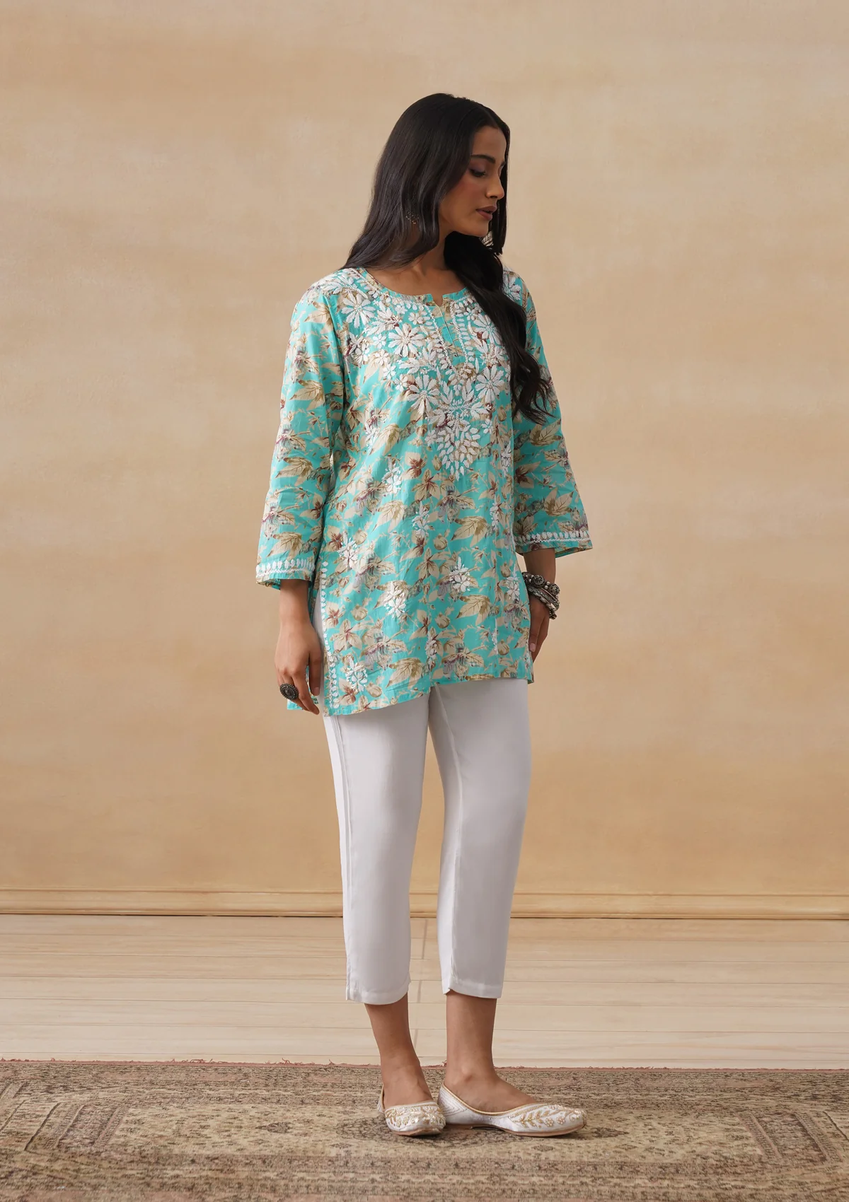 HOC Mulmul Chikankari Printed Women's Short Kurta - Turquoise - Image 7