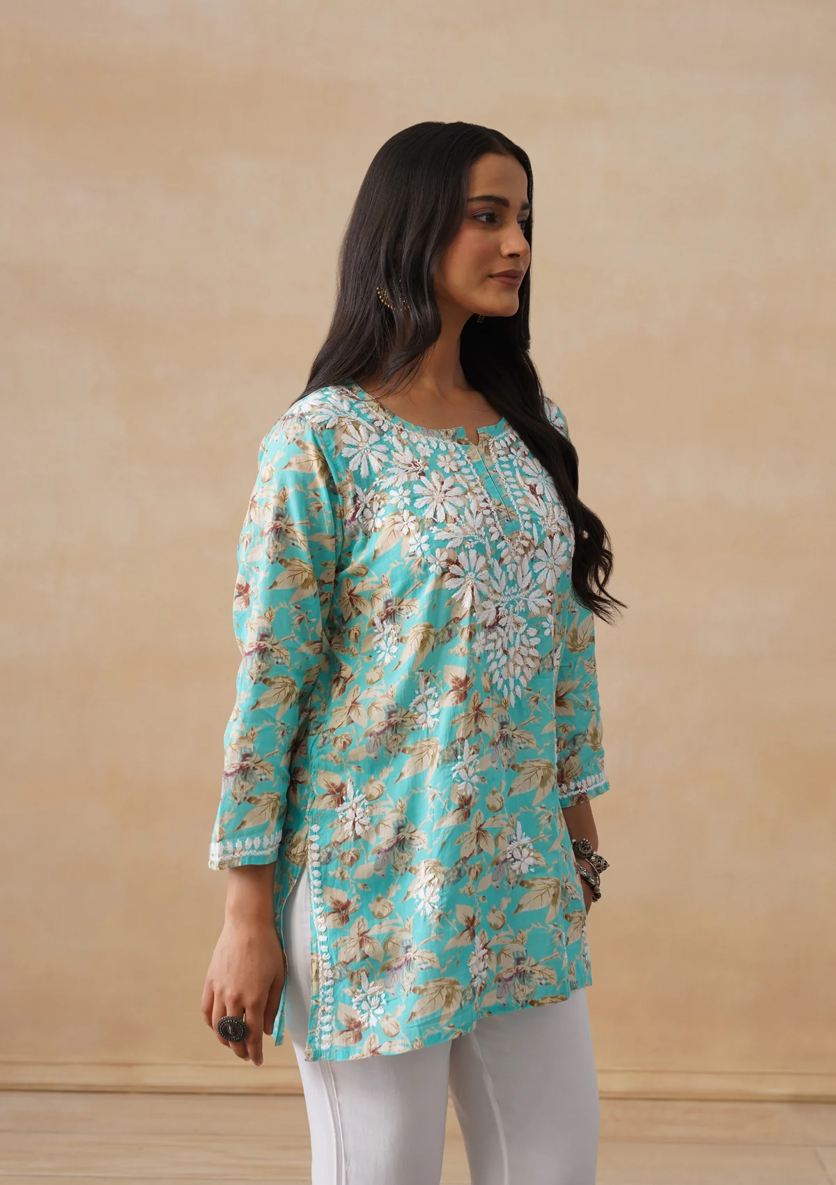 HOC Mulmul Chikankari Printed Women's Short Kurta - Turquoise - Image 8