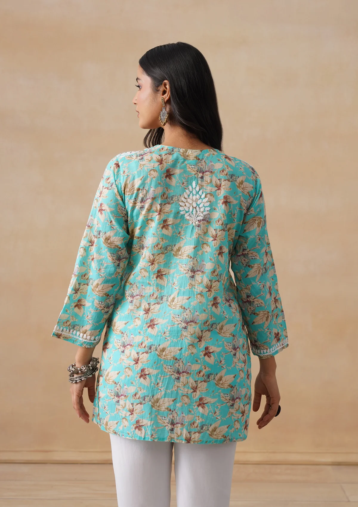 HOC Mulmul Chikankari Printed Women's Short Kurta - Turquoise - Image 9