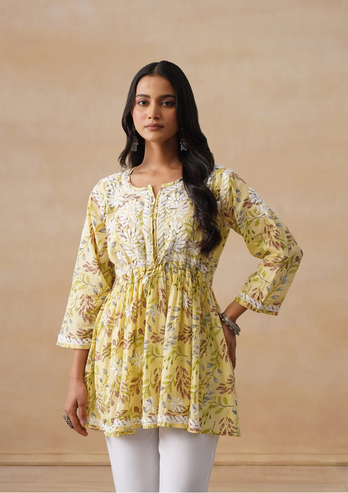 HOC Mulmul Chikankari Printed Women's Short Kurta - Yellow
