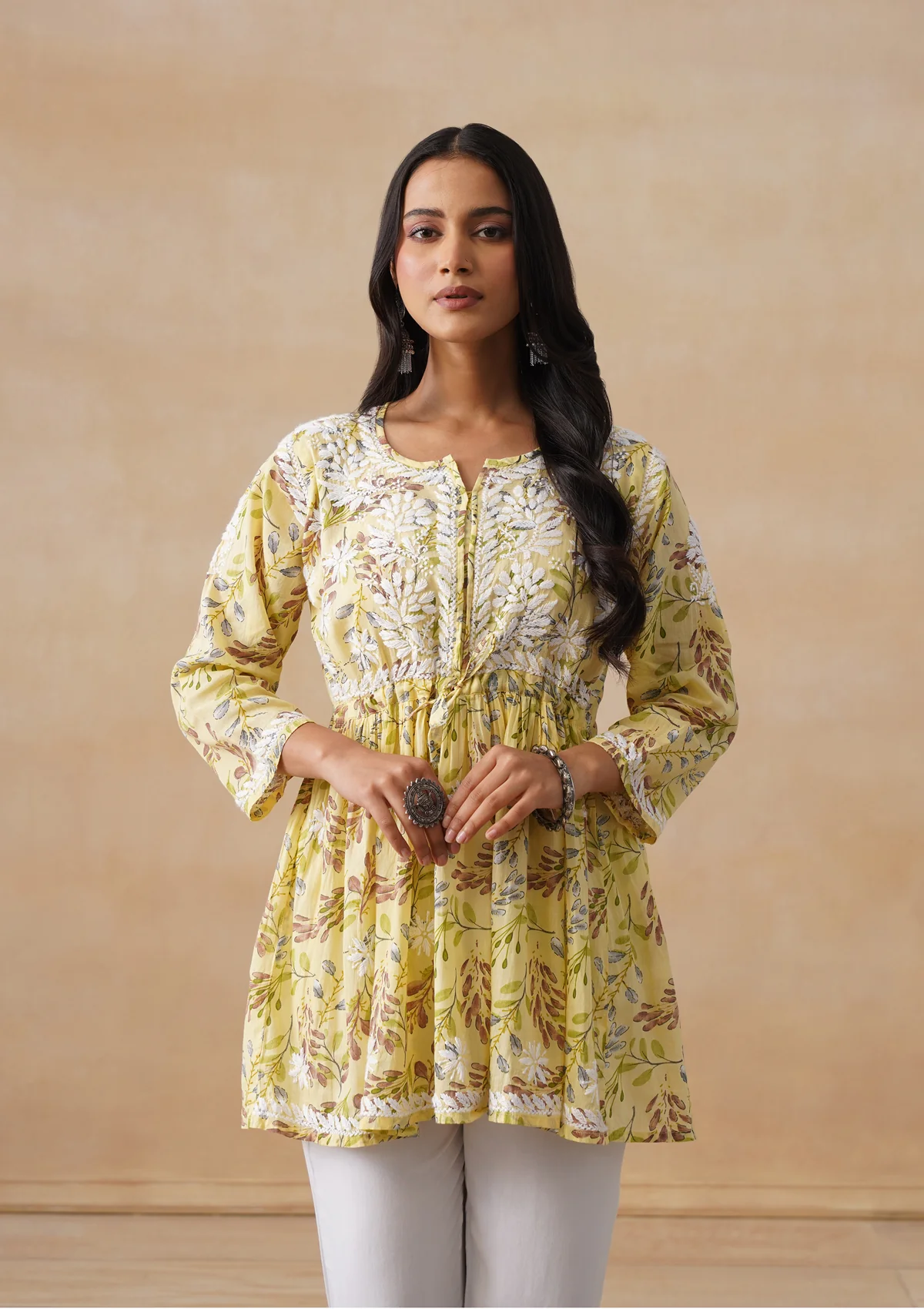 HOC Mulmul Chikankari Printed Women's Short Kurta - Yellow - Image 2