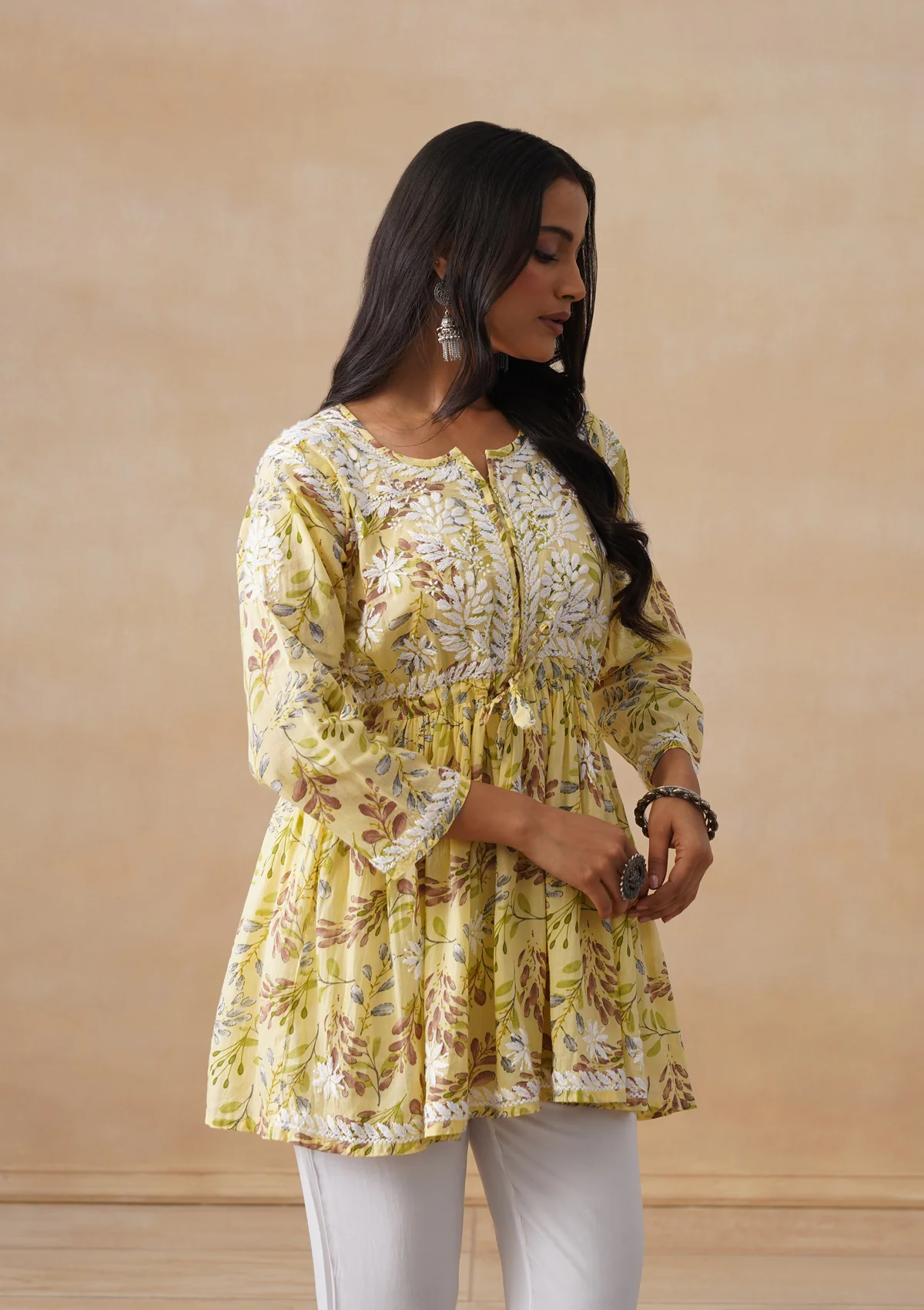 HOC Mulmul Chikankari Printed Women's Short Kurta - Yellow - Image 4