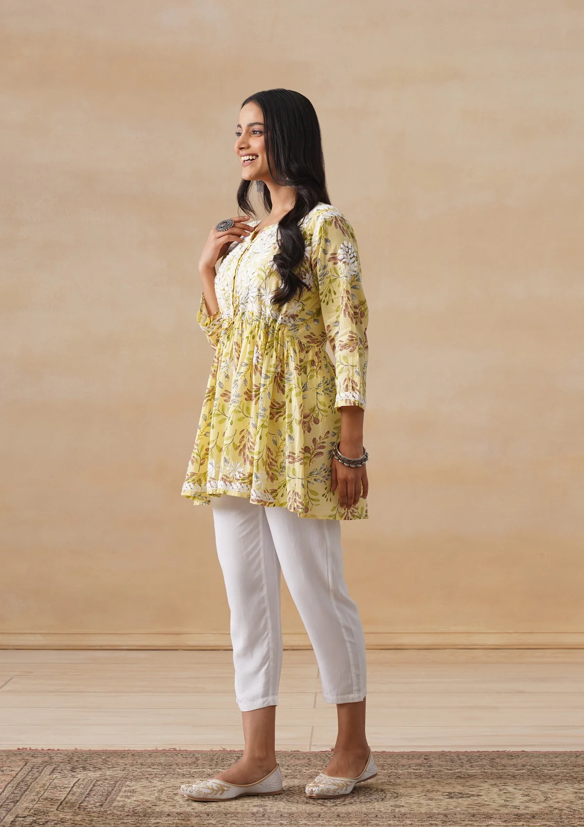 HOC Mulmul Chikankari Printed Women's Short Kurta - Yellow - Image 5