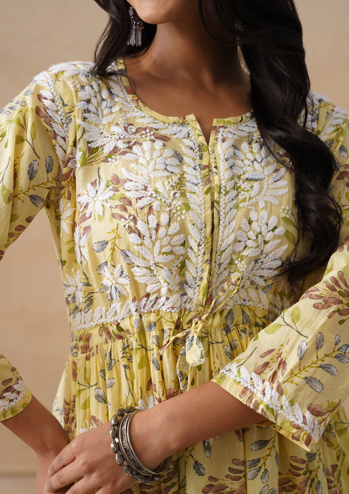 HOC Mulmul Chikankari Printed Women's Short Kurta - Yellow - Image 6