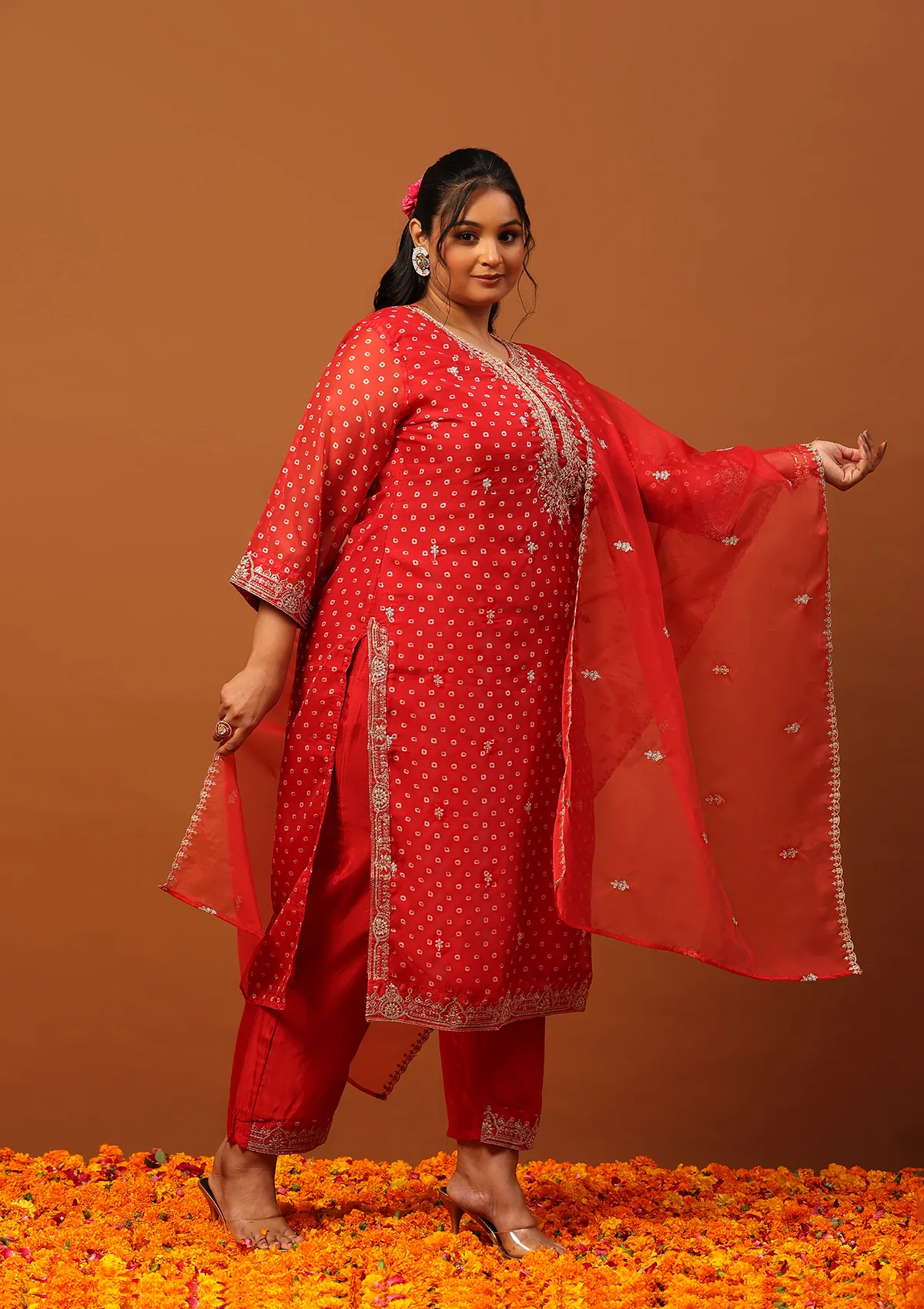 HOC Organza Zari Embroidered With Sequins Bandhani Printed Women's Straight Kurta Set-Red - Image 4