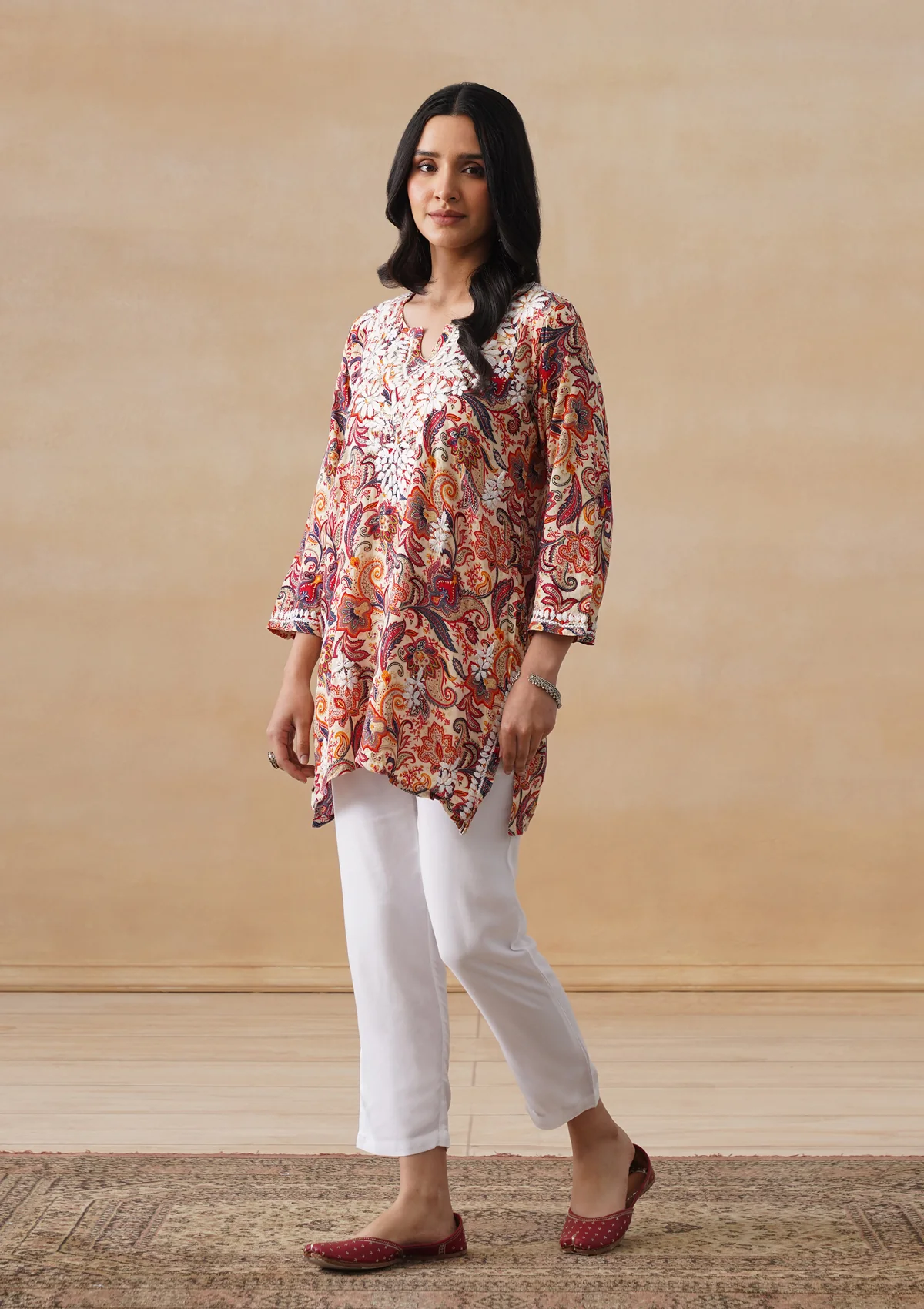 HOC Rayon Chikankari Printed Women's Short Kurta - Off white - Image 5