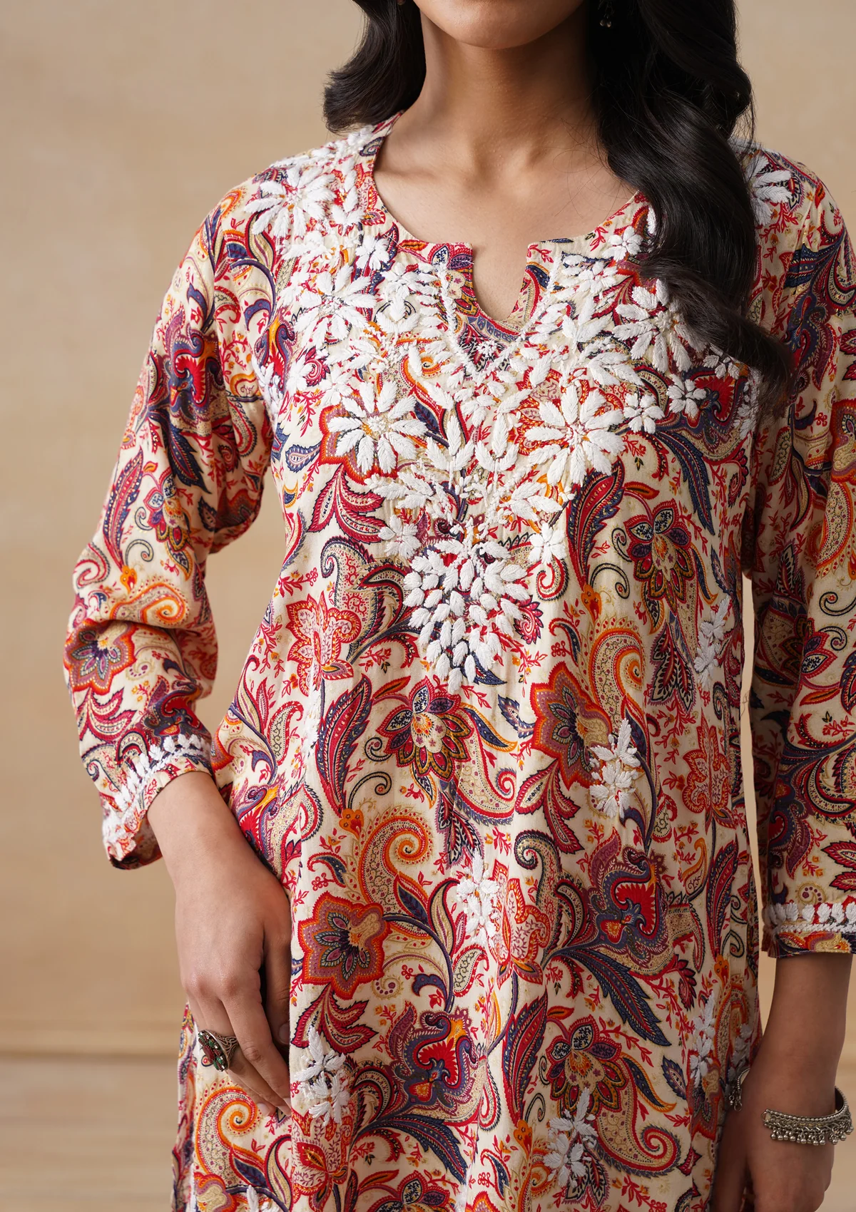 HOC Rayon Chikankari Printed Women's Short Kurta - Off white - Image 6
