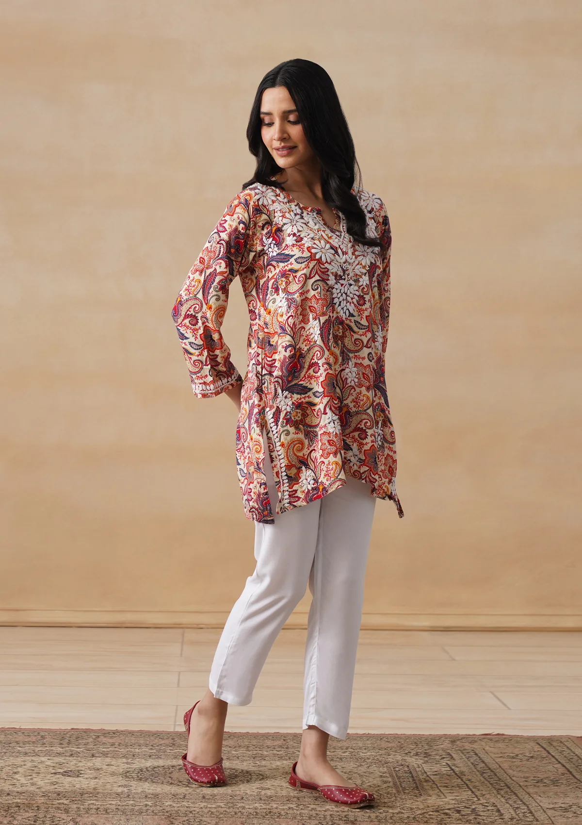 HOC Rayon Chikankari Printed Women's Short Kurta - Off white - Image 7