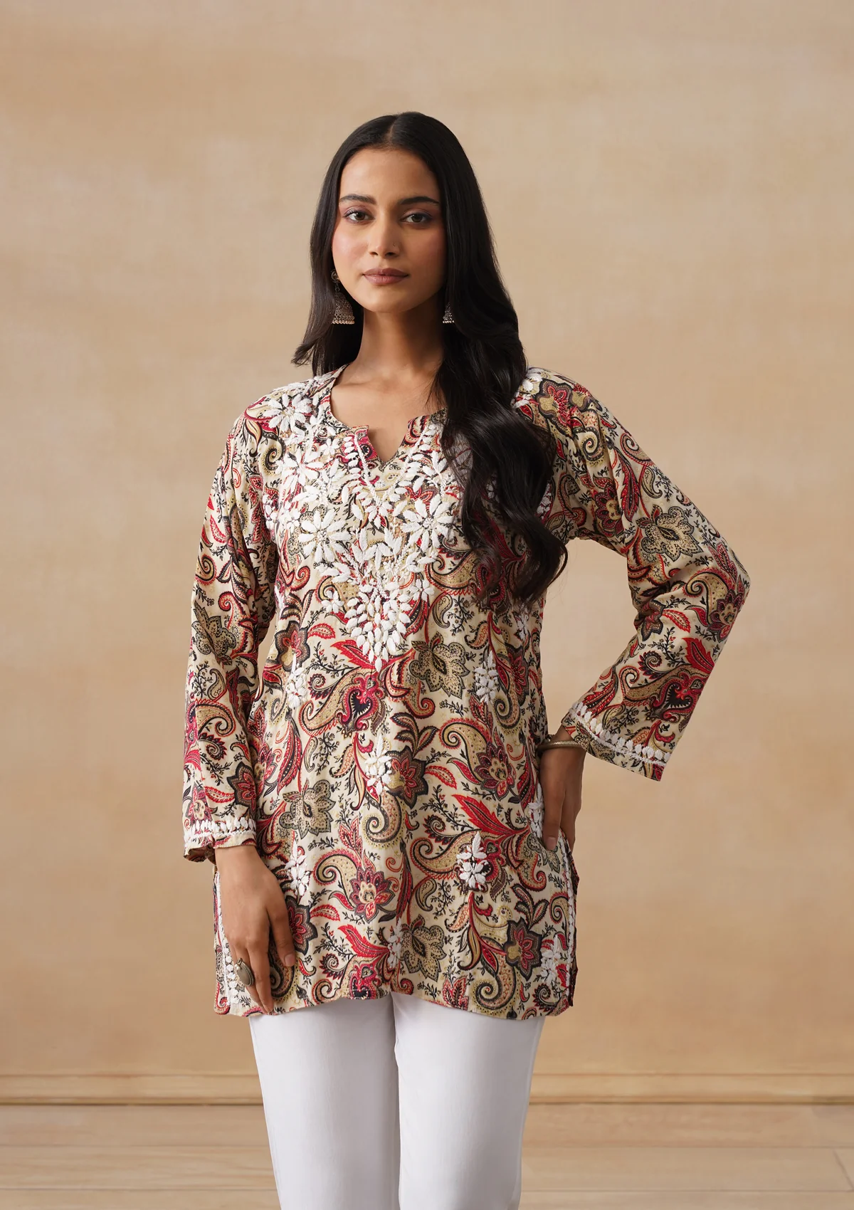 HOC Rayon Chikankari Printed Women's Short Kurta - Off white