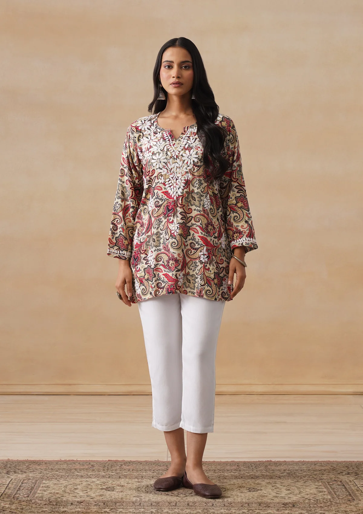 HOC Rayon Chikankari Printed Women's Short Kurta - Off white - Image 3