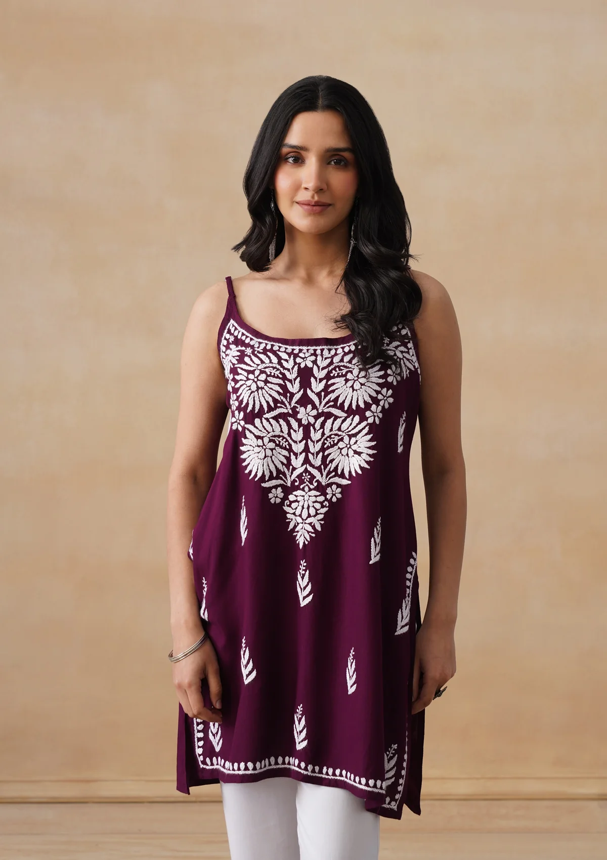 HOC Rayon Chikankari Solid Women's Short Kurta - Wine