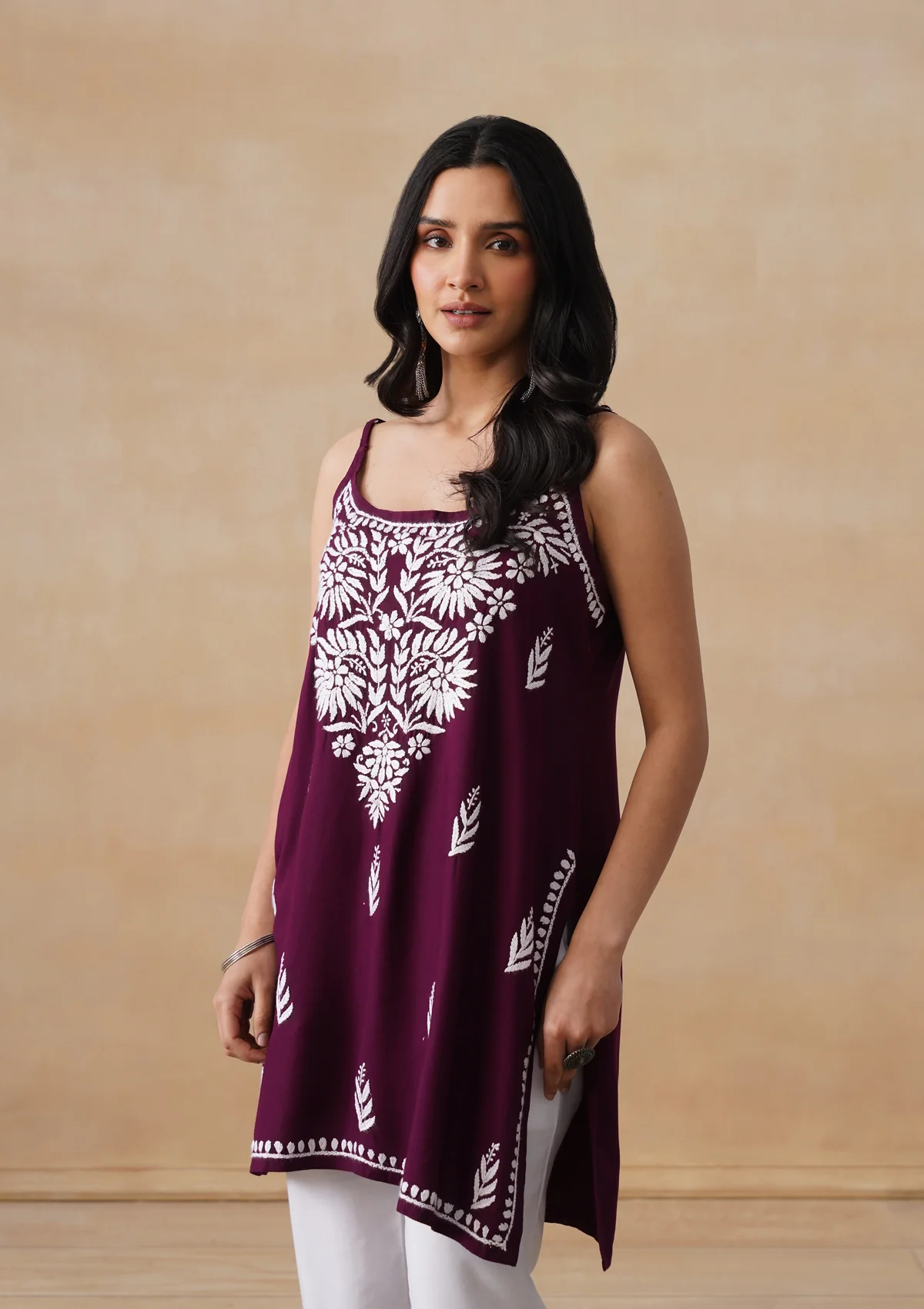 HOC Rayon Chikankari Solid Women's Short Kurta - Wine - Image 10