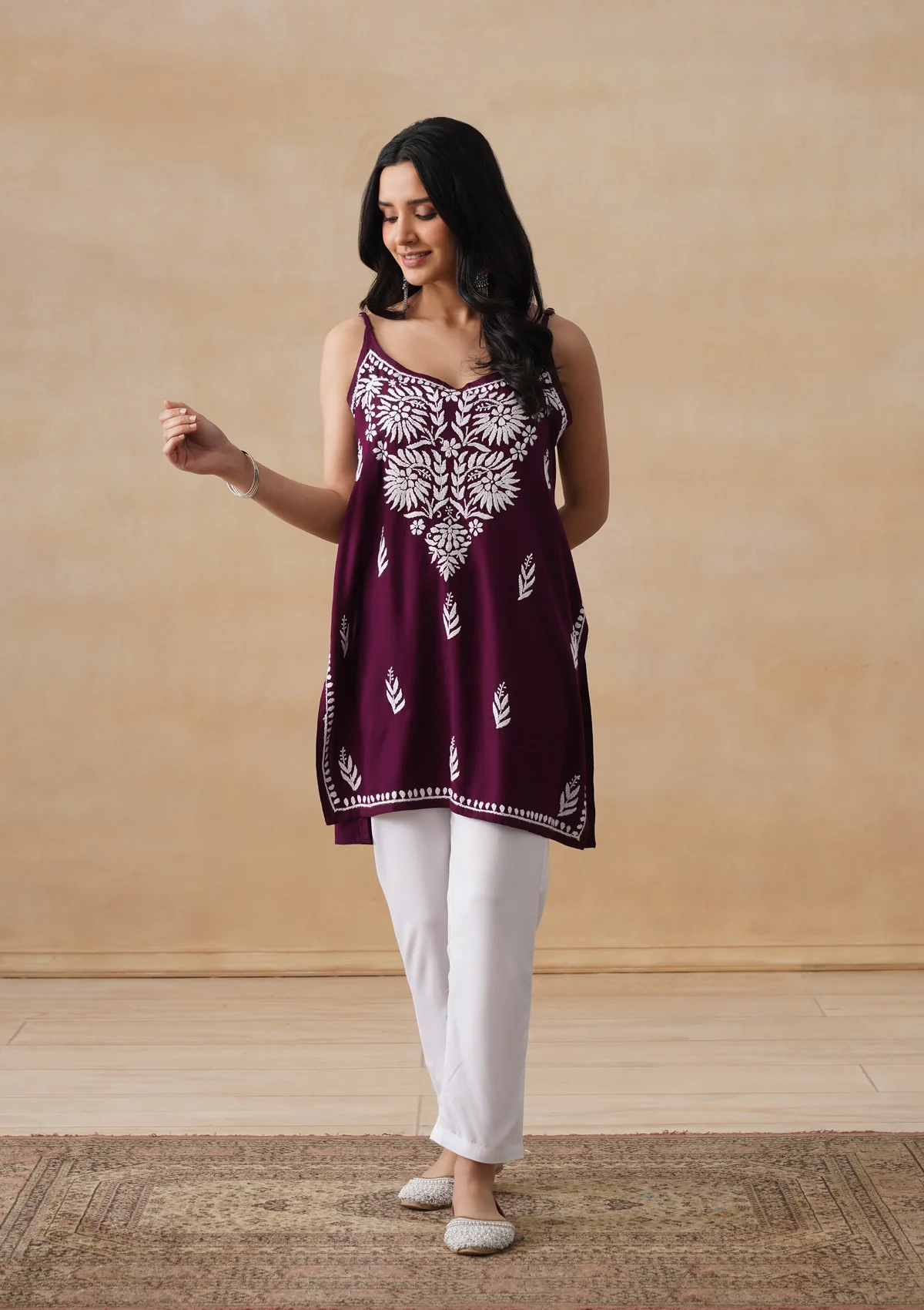 HOC Rayon Chikankari Solid Women's Short Kurta - Wine - Image 2